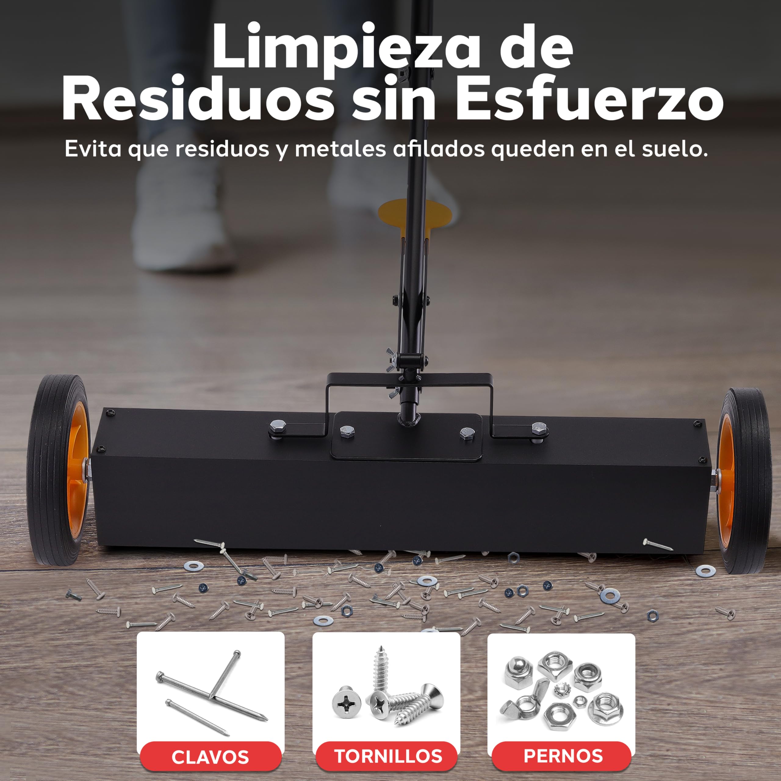 Pyle Barredora Magnética Rodante, de 24”, con Mango Ajustable, Recolector de Metales. Resistente para Taller, Construccion y Uso Industrial