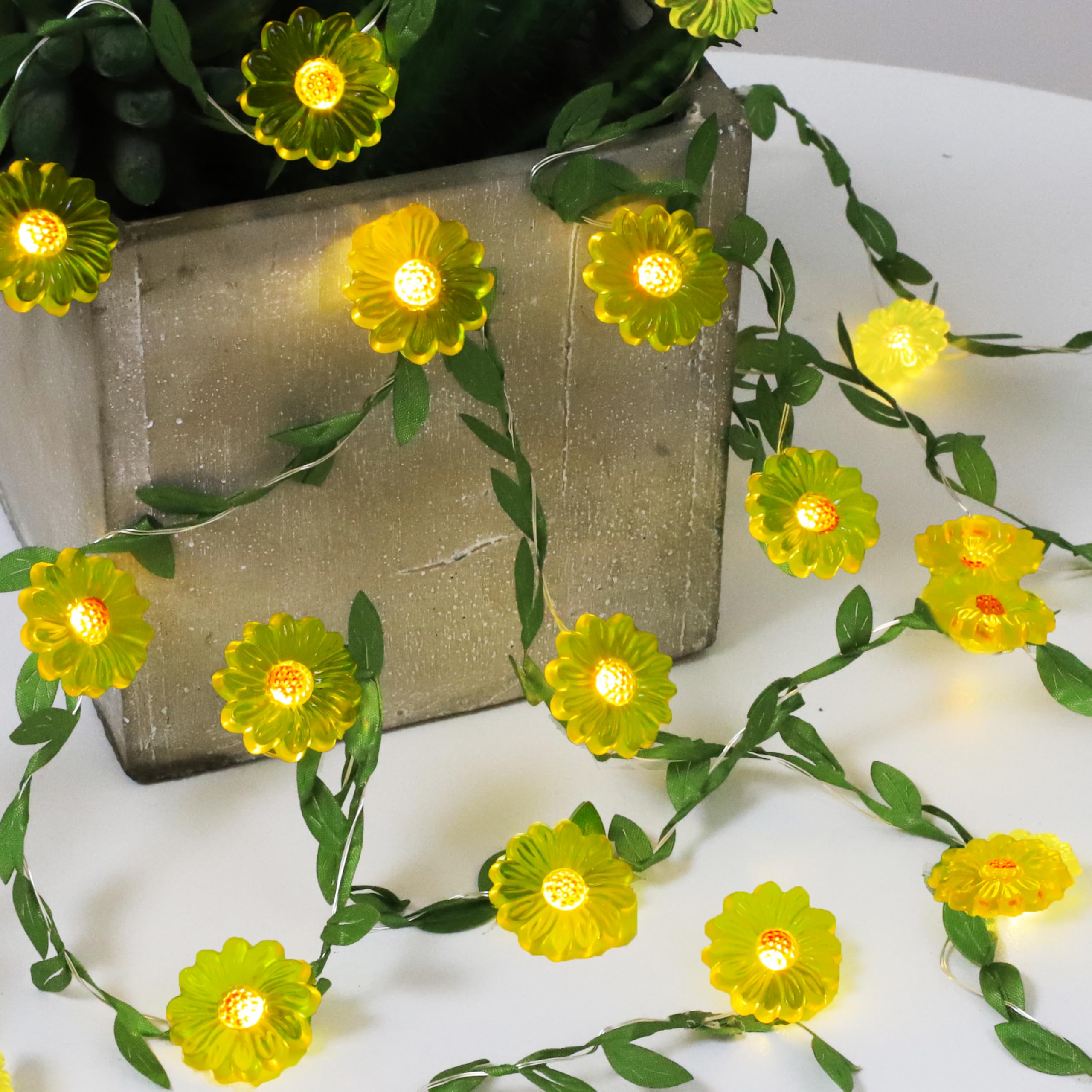 Sunflower Decor Flower String Lights Vines with Fairy Lights Christmas, 30 LED Copper Wire with Remote Control Battery Operated Flower Garland Leaf