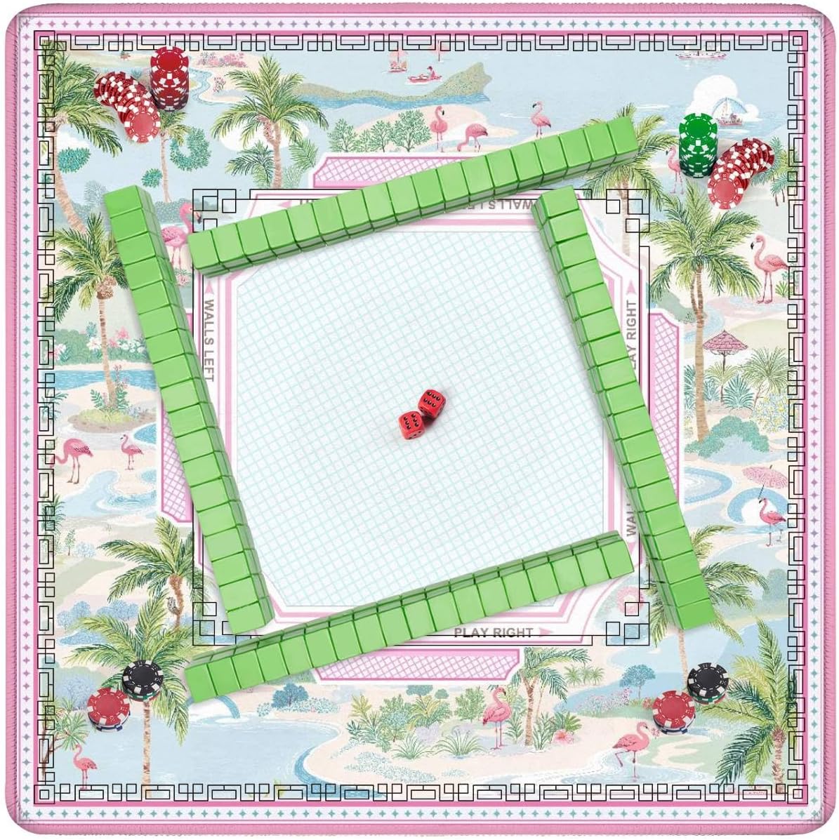 Mahjong Mat 31.5" x 31.5" Tropical Palm Tree Pastel Pink Blue Accents Non-Slip Noise Reduction Mahjong Tiles Table Cover for Dominoes Poker Card Board and Tile Games