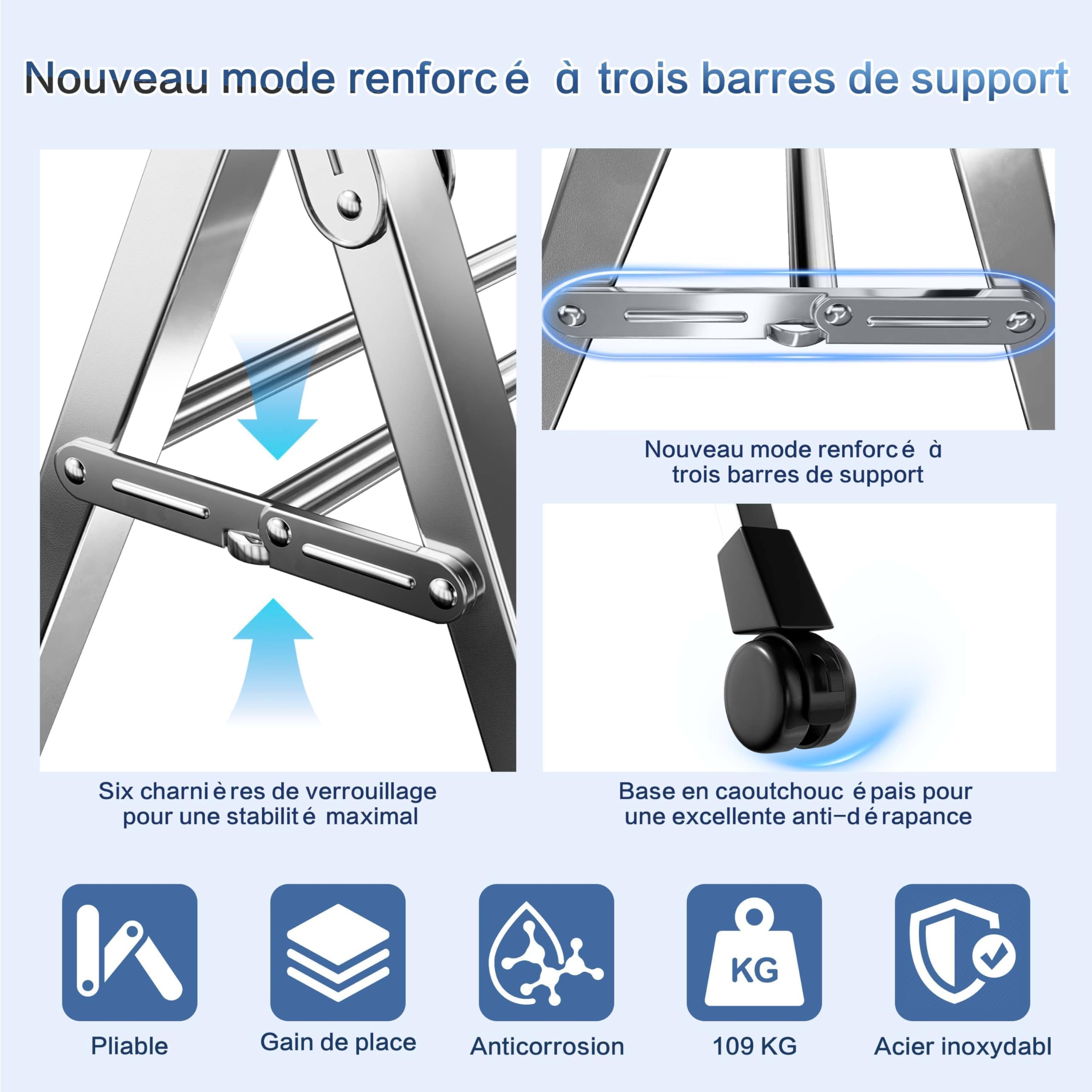 Séchoir à Linge Pliable 240cm, Étendoir à Linge Pliable en Acier Inoxydable pour intérieur et extérieur, Robustes Crochets 20 et Pinces 12 Inclus, Gain de Place (160cm)