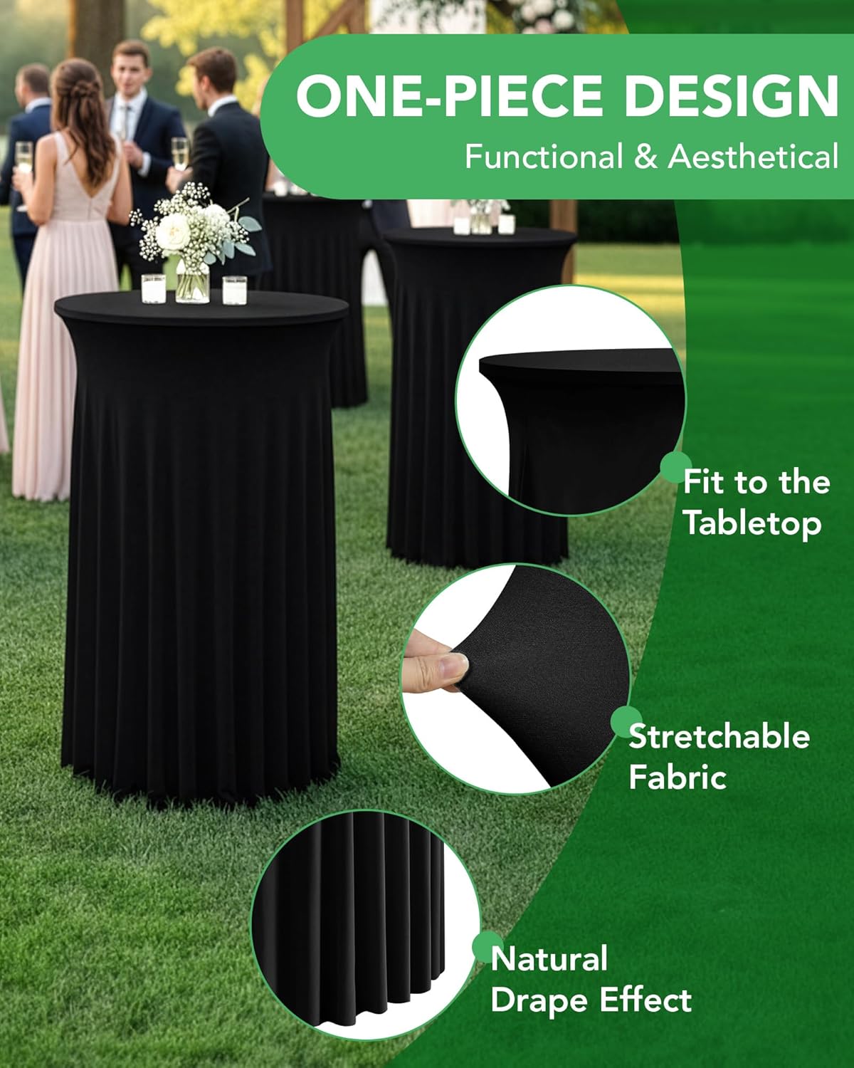 KeyWave Cocktail Table Tablecloth with Skirts - 32x43 Inch Wavy Spandex High Top Cocktail Table Covers, Ruffle Drape Highboy Tablecloth Reusable for Party Wedding Cake Standing Table, Black, 6 Pack
