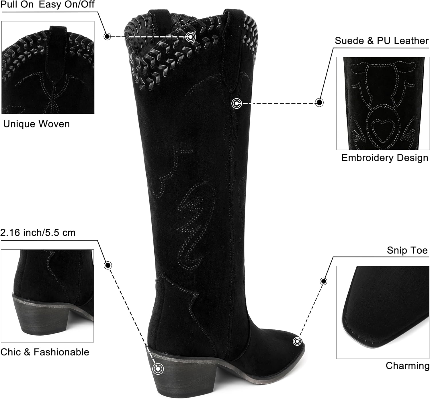 Reitoye Cowboy Boots for Women Knee High Cowgirl Boots Embroidered Square Toe Chunky Low Heel Western Boot Pull On Wide Calf Country Boots