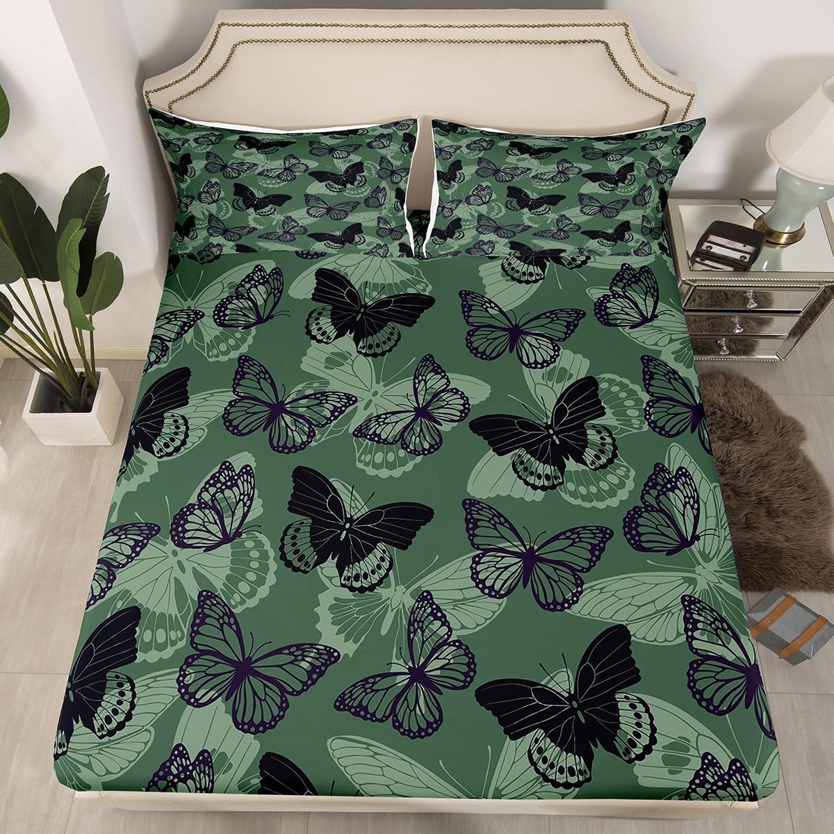 Galaxy Fitted Sheet Full Size,Purple Blue Dreamy 3D Butterfly Bedding Set,Glitter Starry Moon Bed Sheets 3 Pieces (No Flat Sheet),Watercolor Flowers Leaves Deep Pocket Sheet,2 Pillowcases