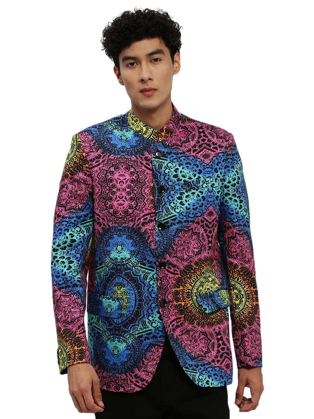 showoffff Men's Mandarin Collar Pink Bandhgala Slim Fit Blazer-SOBLZ-84-4_PinkBlue-picture-18