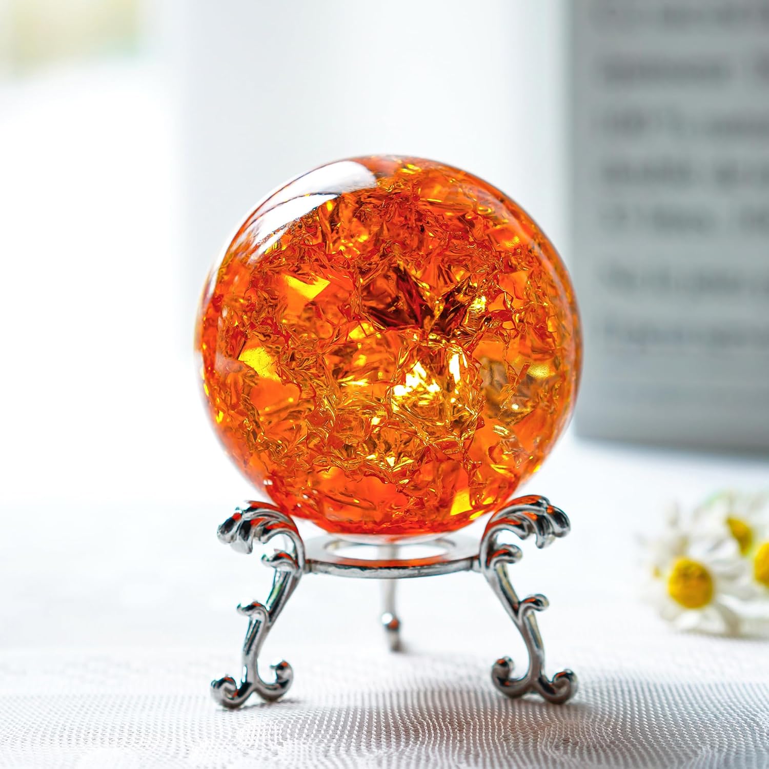 2.3'' Amber Ice Cracked Ball Crystal Ball, Fengshui Paperweight Glass Ball | Decorative Full Sphere Glass Ball Figurine Gift for Christmas Home Fish Tank Accessories Rockery Decor
