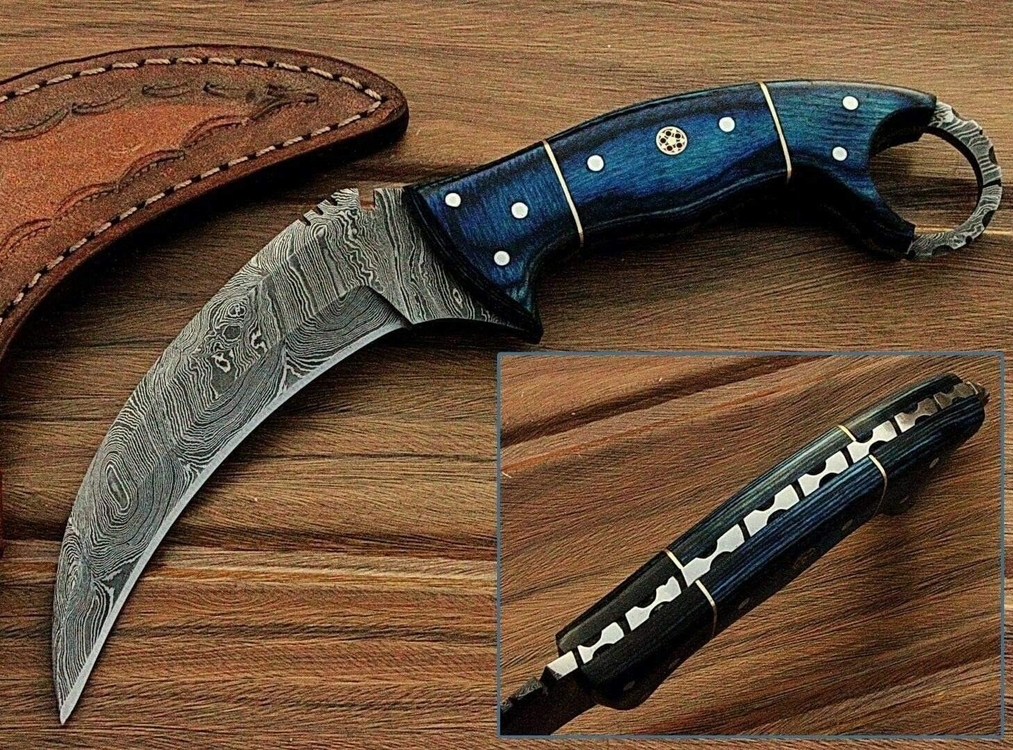 Noshra Wholesale Custom Made Blue Wood Handle Full Tang Karambit Damascus Steel Hunting Knife W/Case/Prime Quality Blade