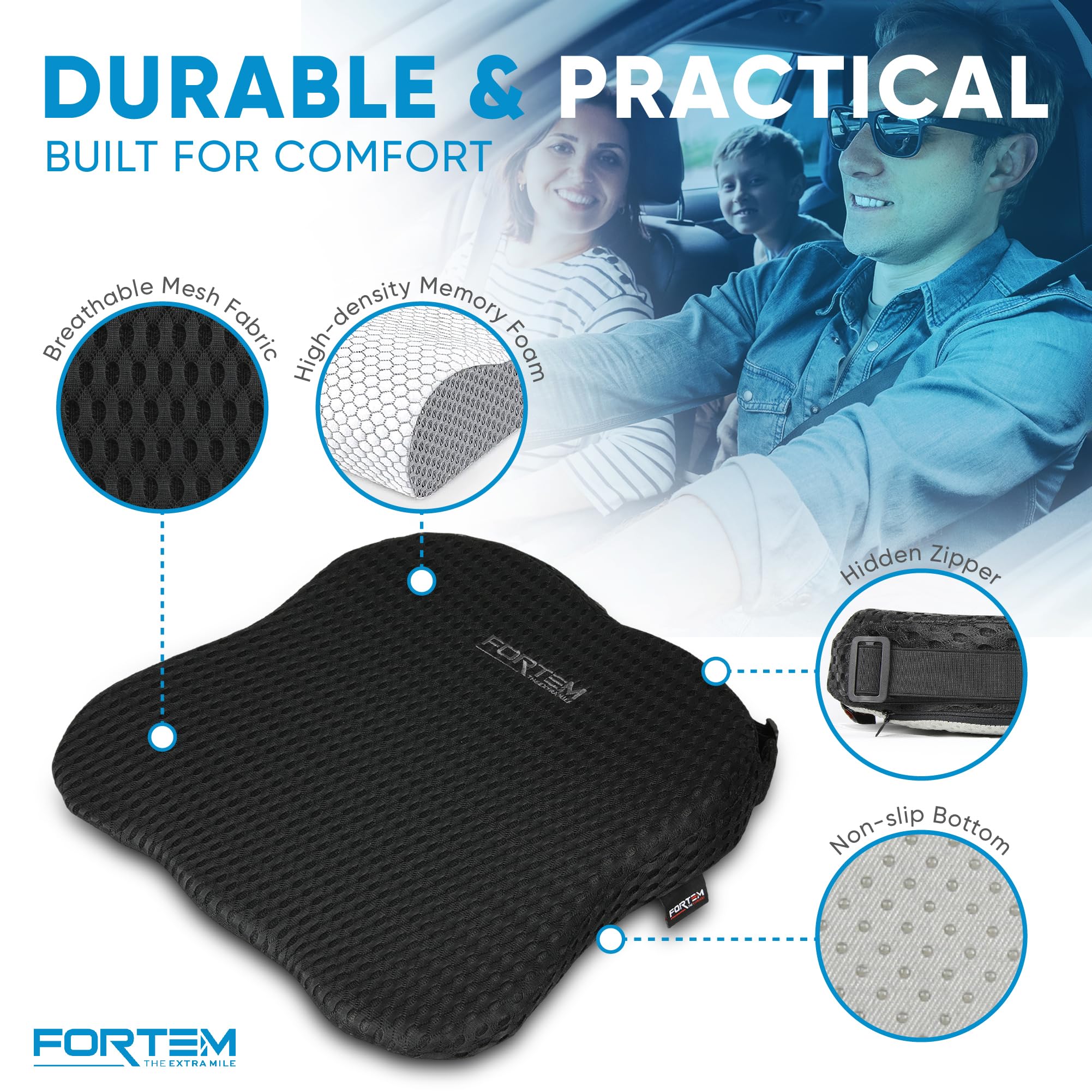 FORTEM Cuscino Auto E Supporto Schiena In Memory Foam, Cuneo Ergonomico Con Base Antiscivolo, Schienale Lombare Con Cinghie Regolabili E Fodera Rimovibile