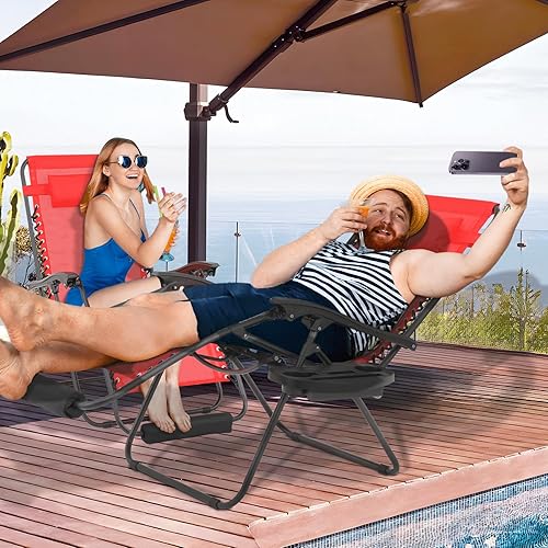 Miniatura 4 de MoNiBloom Juego de 2 sillas de gravedad cero de gran tamaño de 29 pulgadas, reclinables antigravedad para patio, tumbona plegable XL para exteriores