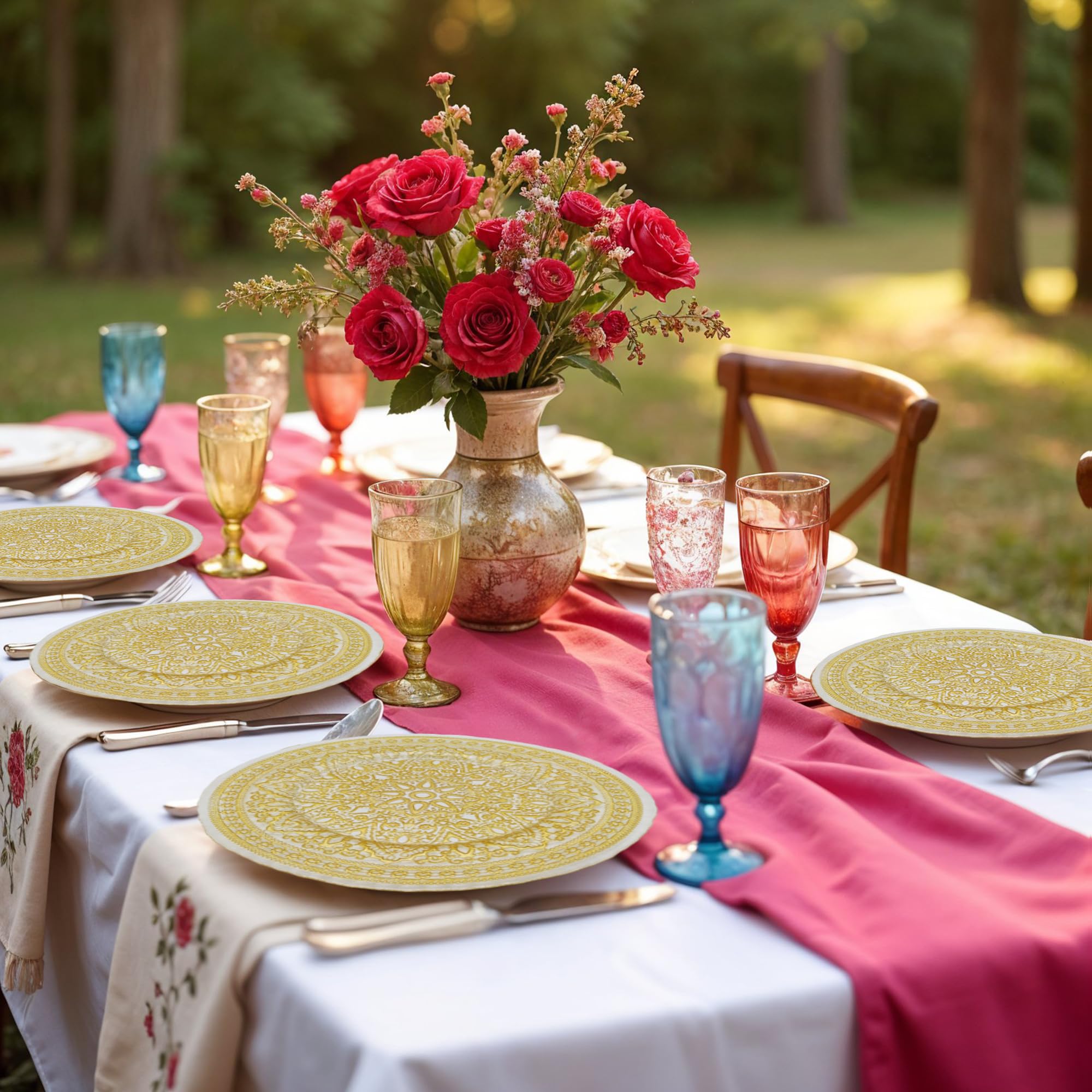 Elegantes platos de carga con diseño de flor de mandala dorada, 33 cm, elegantes platos inferiores para bodas, fiestas, aniversarios, cumpleaños, vajilla, eventos de catering y eventos especiales, 6