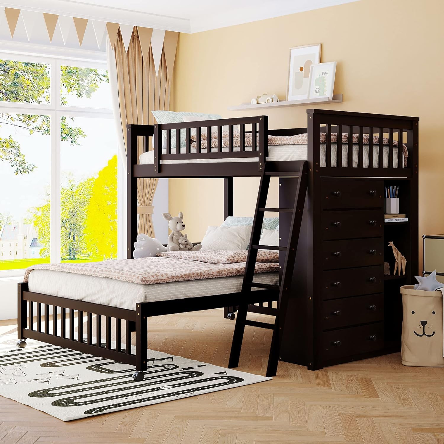 Twin Over Full Bunk Bed With Storage, Solid Wood Bunk Bed with 6 Drawers And 3