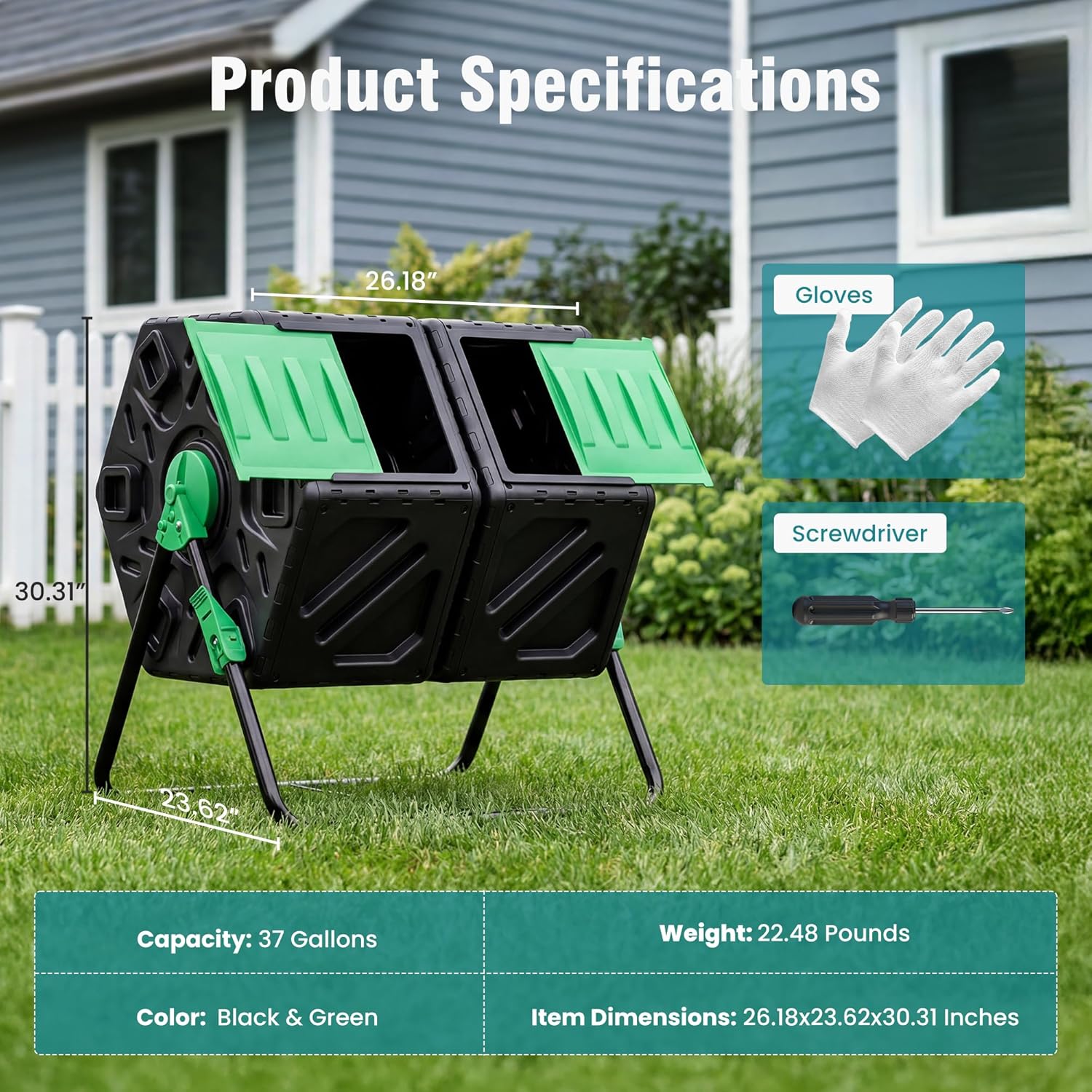 OLIXIS Compost Bin Outdoor 37 Gallon, Separated Dual Chamber Composter Tumbler Outdoor with Gloves, Efficient 360°Rotating Composting Bin for Patio, Lawn, Home Gardening and Landscape, Green