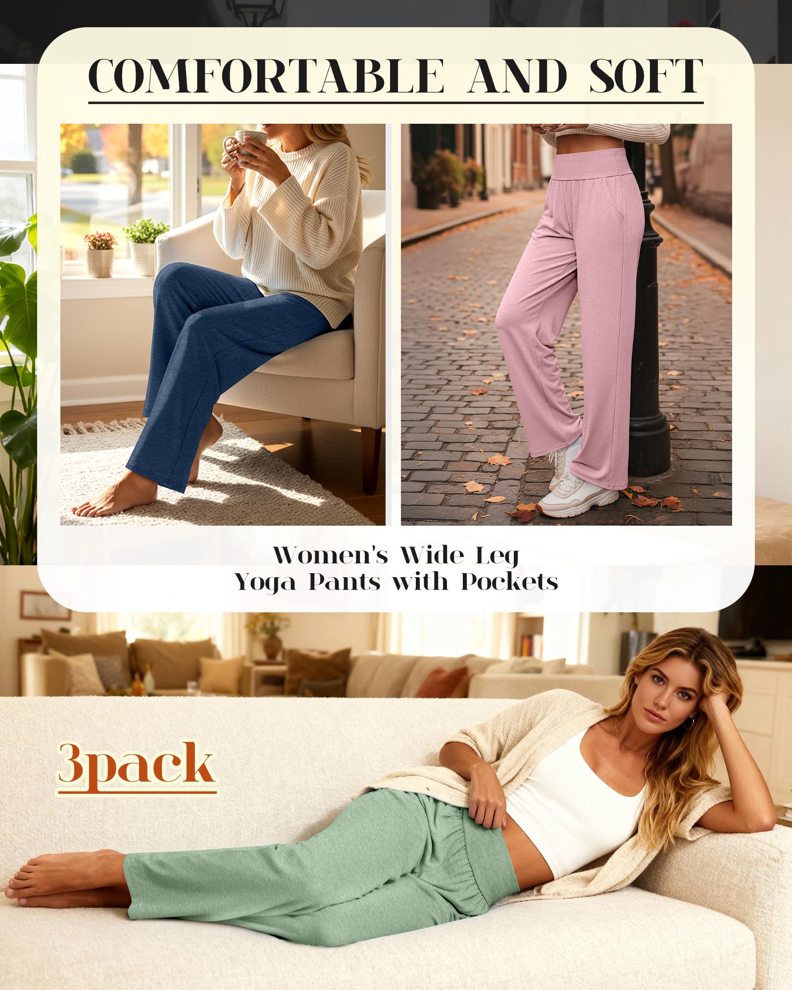 Neer Lot de 3 Pantalons de Yoga Larges pour Femmes Confortables et Élégants avec Poches et Taille Élastique Bas Ouvert