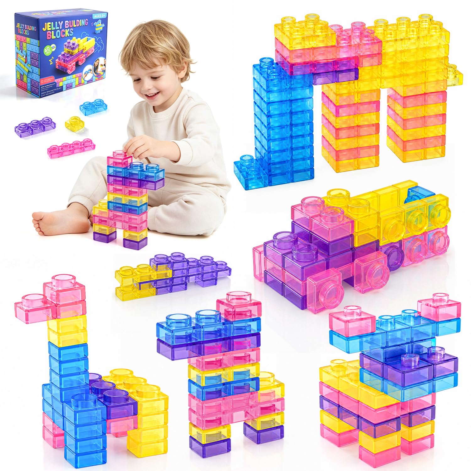 OMKSIH 40 PCS Sensory Soft Building Blocks,Squeezable & Stretchable Early Learning Construction Playset Multicolor Puzzle Blocks for Creative Play, Montessori Squishy Stacking Toy Set for Kids