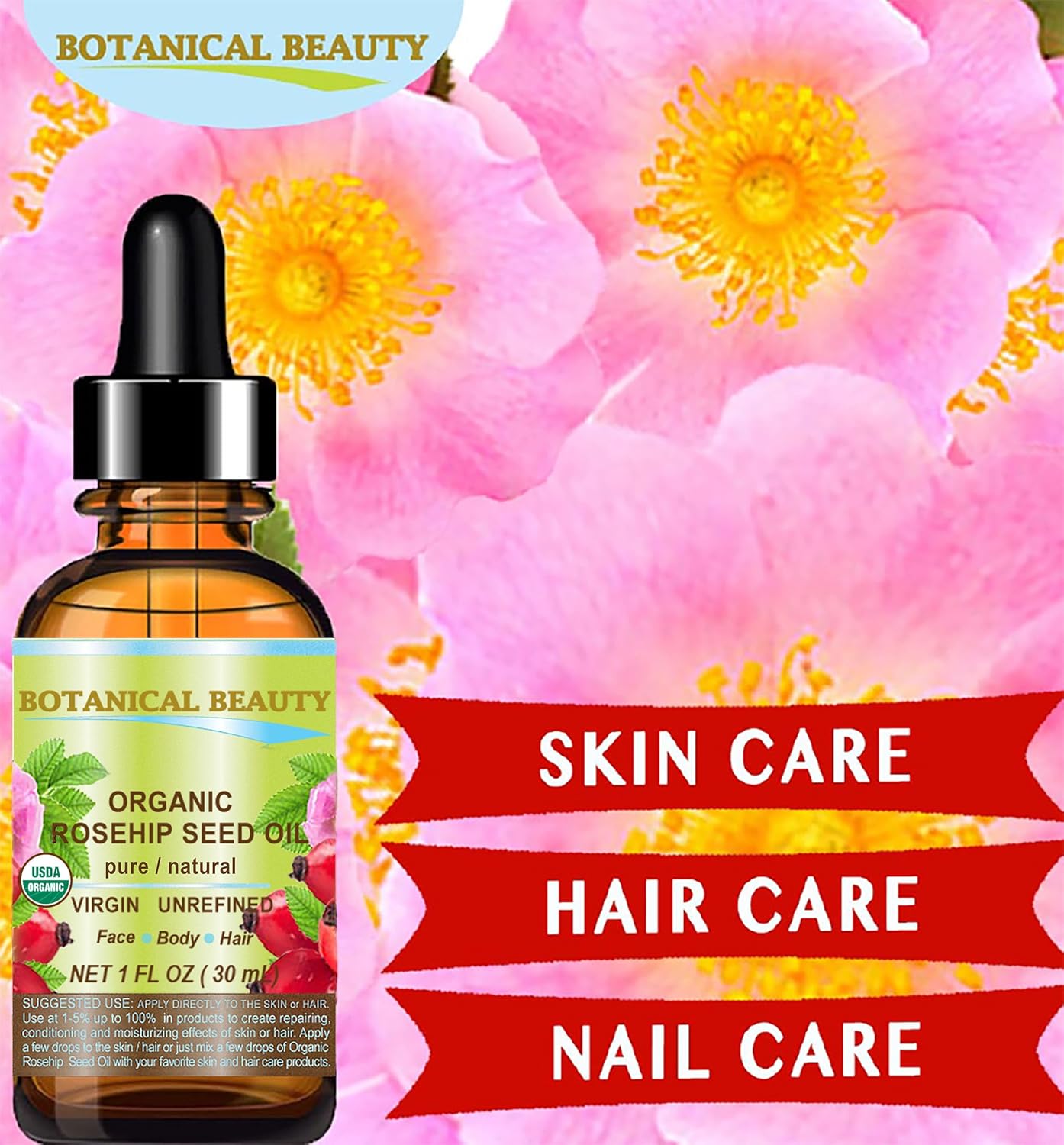 Botanical Beauty Organic ROSEHIP SEED OIL 100% Pure Natural Virgin Unrefined Cold-pressed Carrier Oil 2 Fl Oz 60 ml For Face, Skin, Body, Hair, Lip, Nails, Rich in vitamin C, Vitamin E, Anti-Aging