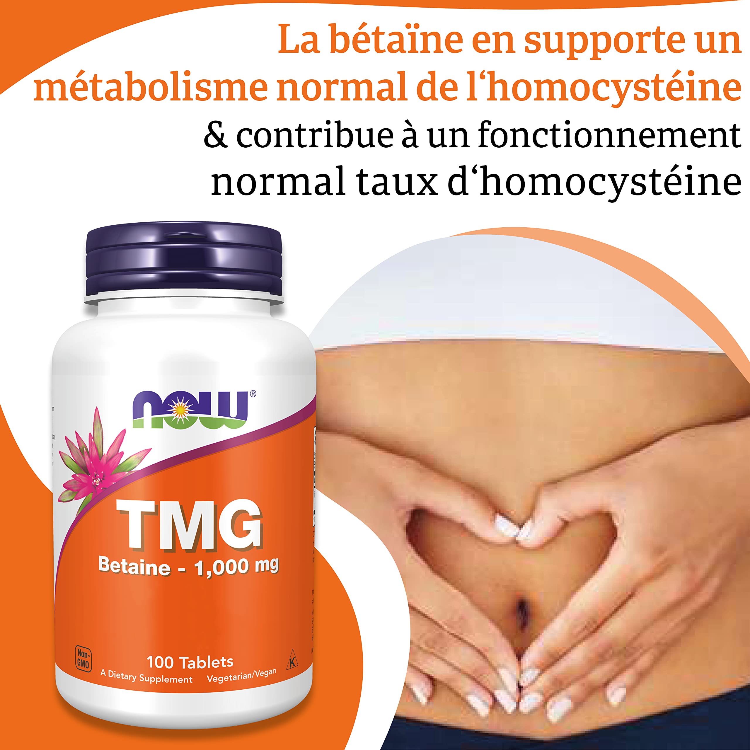 Now Foods TMG Trimethylglycine 1.000 mg 100 Comprimés Végétaliens Haute Dose Bétaïne Sans Gluten
