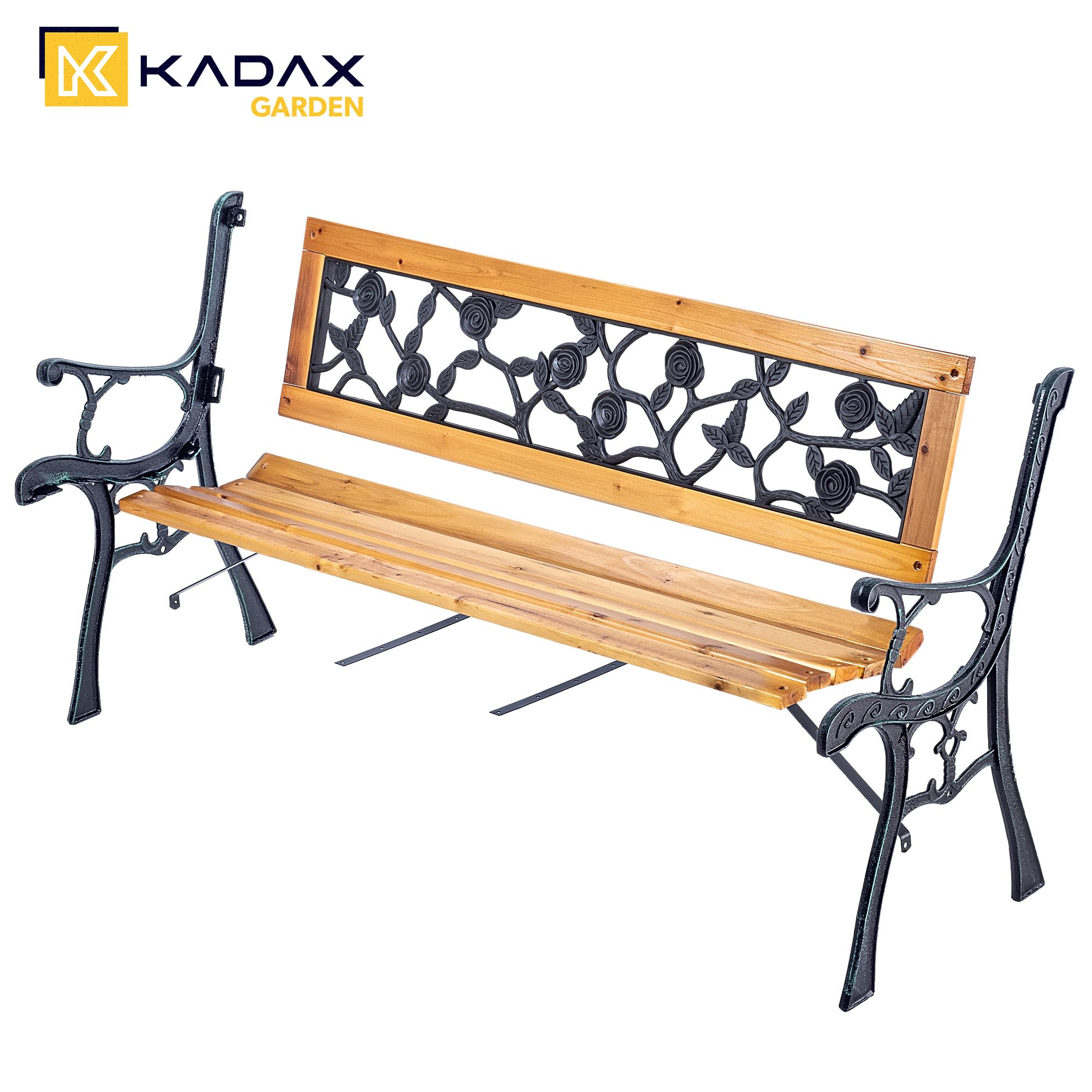 KADAX Banc de jardin en bois et fonte 2 places avec accoudoirs et dossier, banc de parc, banc extérieur pour balcon, jardin, terrasse (marron/motif rose)