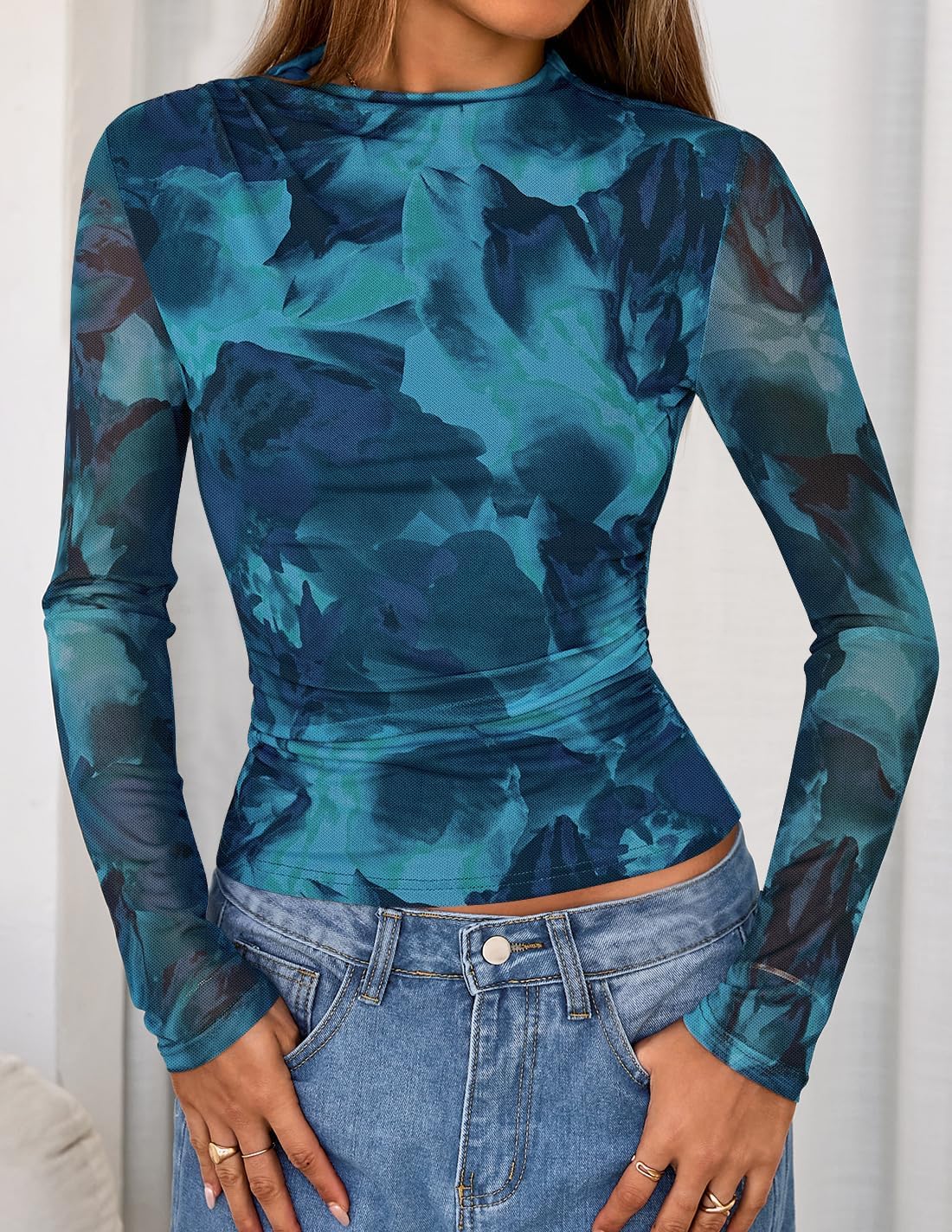 ZESICA Floral Long Sleeve Tops for Women Spring Mesh Mock Neck Ruched Fitted Shirts Going Out Blouses Trendy Clothes - Image 3