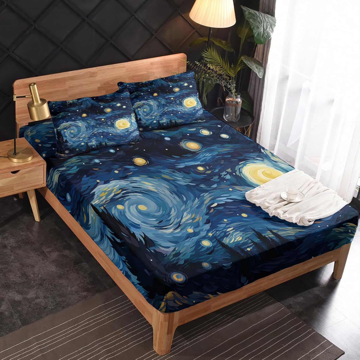 Queen Sheet Set - Starry Night Sheets & Bedroom Decor, Oil Painting Bed Sheets - Soft Breathable Microfiber Deep Pocket Patterned Bedding Sheets & Pillowcases