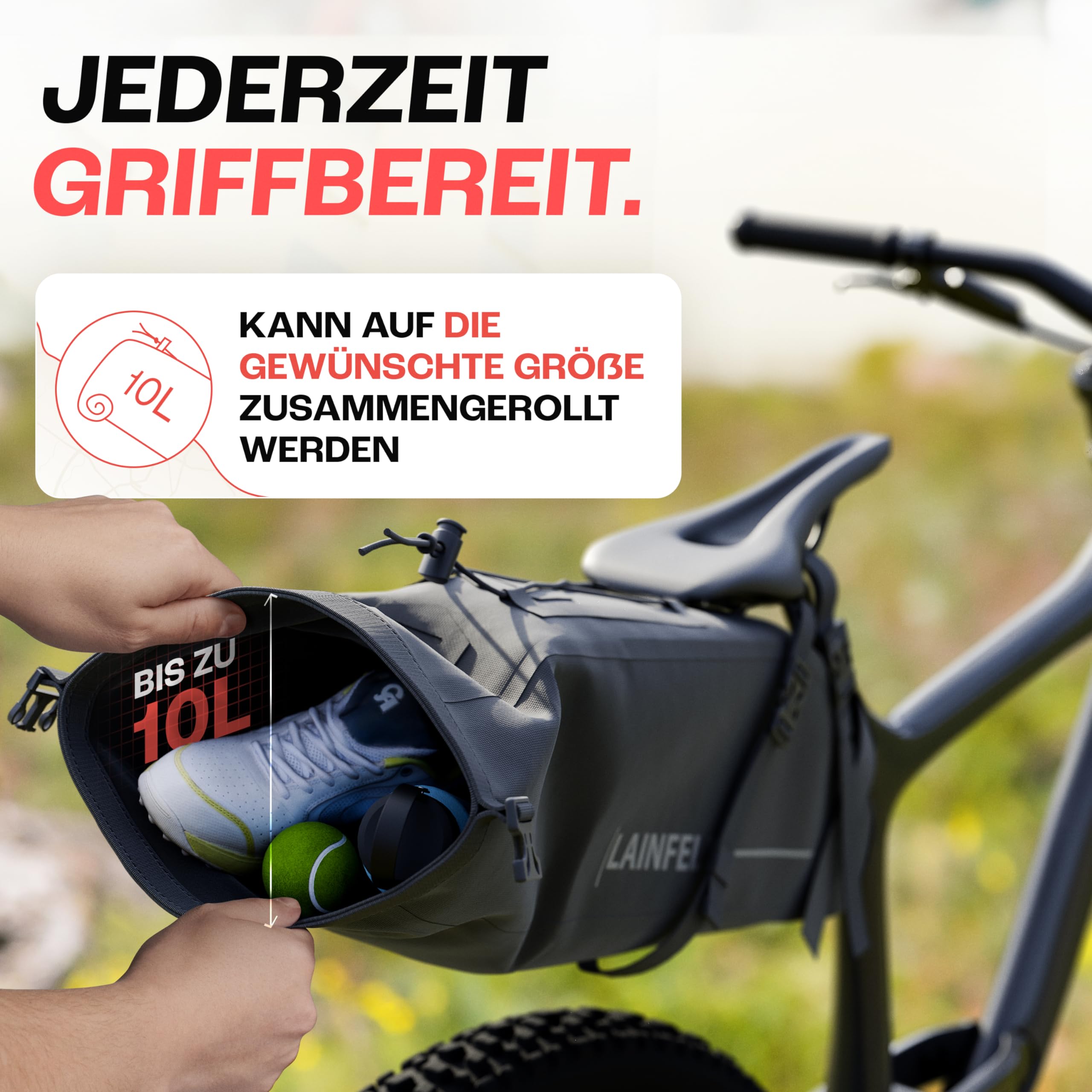 LAINFELD Fahrrad-Satteltasche [10 Liter] – 100% Wasserdicht, Reflektierend – Bikepacking-Zubehör für E-Bike, MTB, Gravel & Rennrad