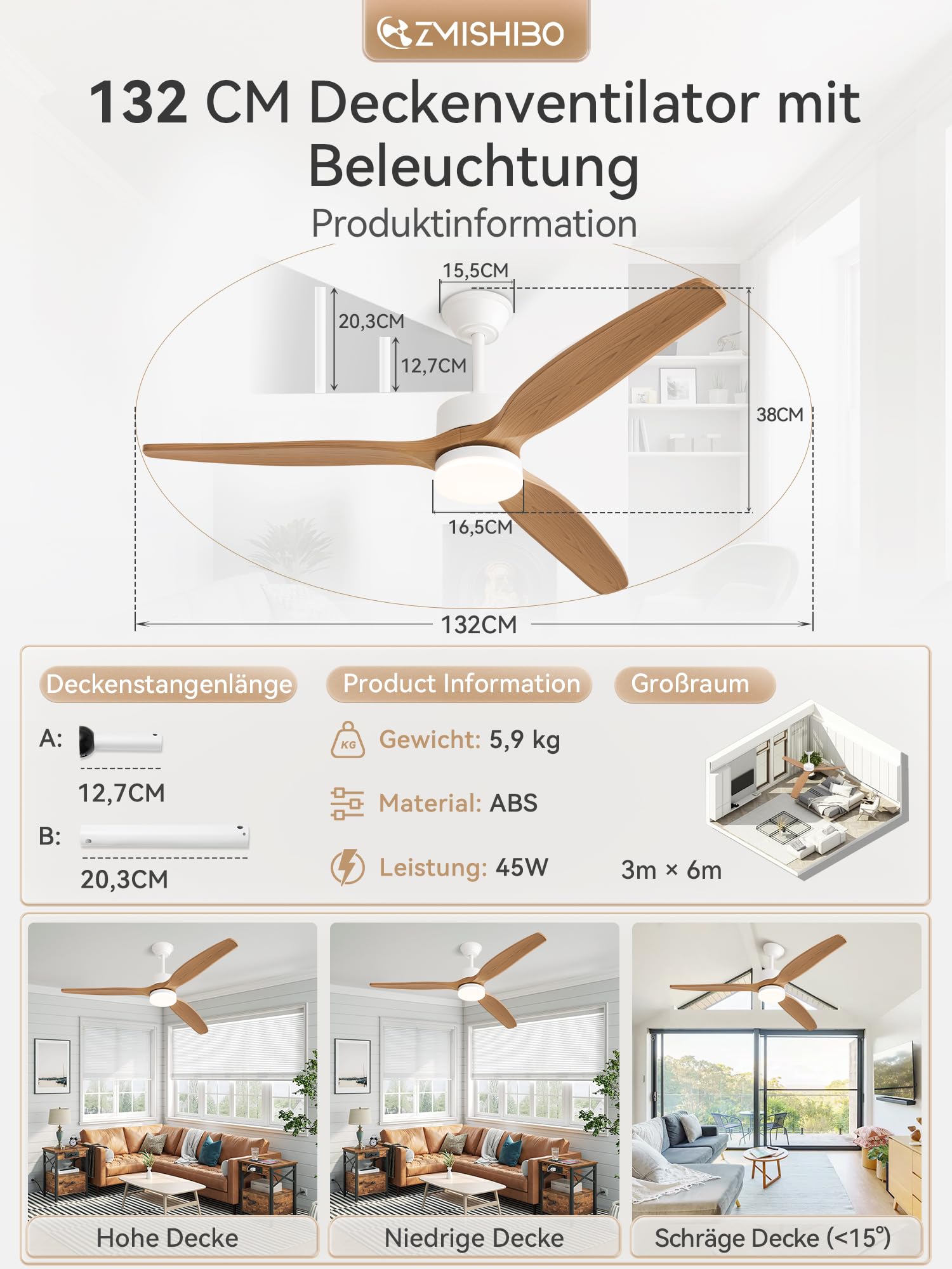 ZMISHIBO 132 cm Deckenventilator mit Licht, 3 ABS-Holzoptik Flügel, Leiser DC-Motor, 3 Farbtemperaturen 3000K–6000K, 6 Geschwindigkeiten, Sommer/Winter Umschaltung, APP- & Fernbedienung, 2/4H Timer