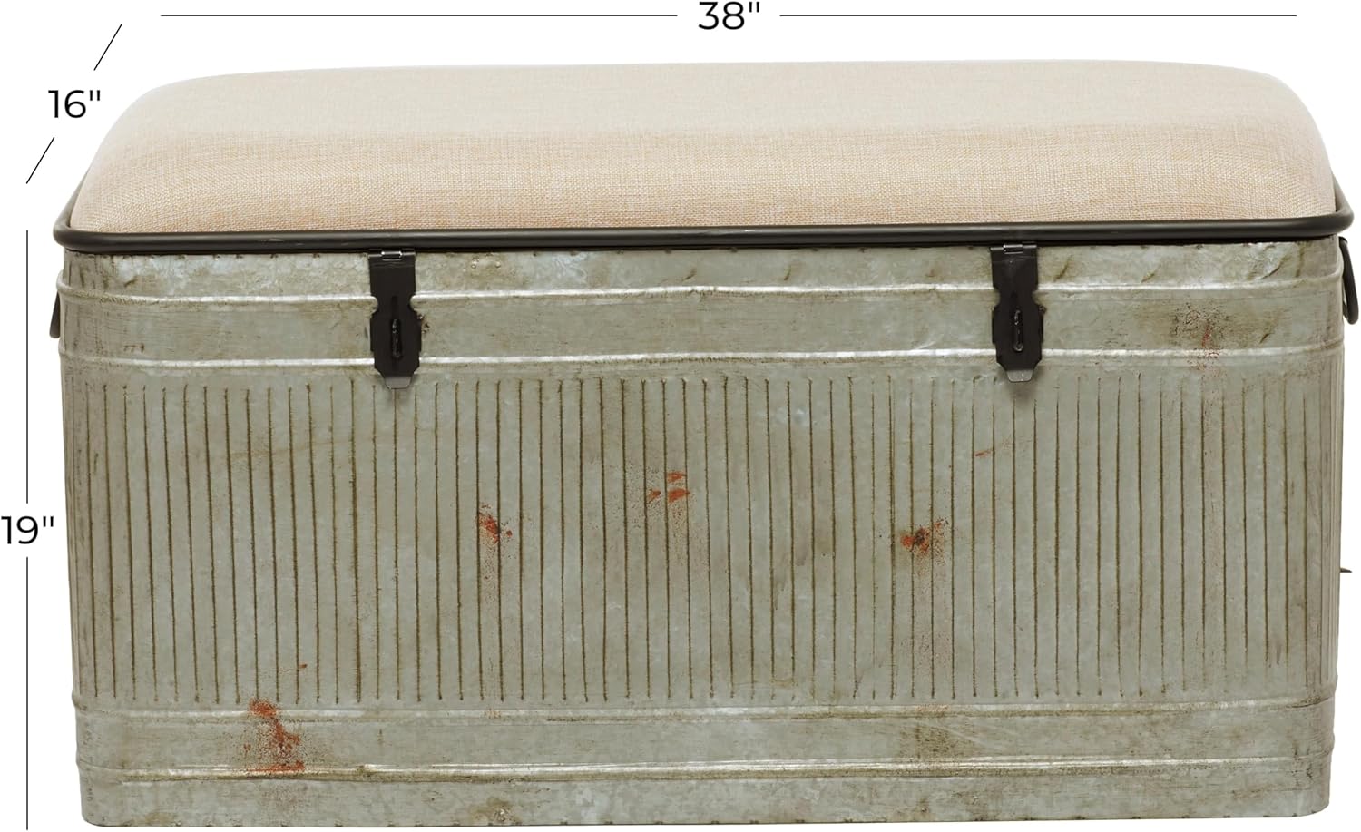 Deco 79 Metal Room Storage Bench Galvanized Entryway Bench with Cream Burlap Top and Black Latches, Bench 38" x 16" x 19", Gray