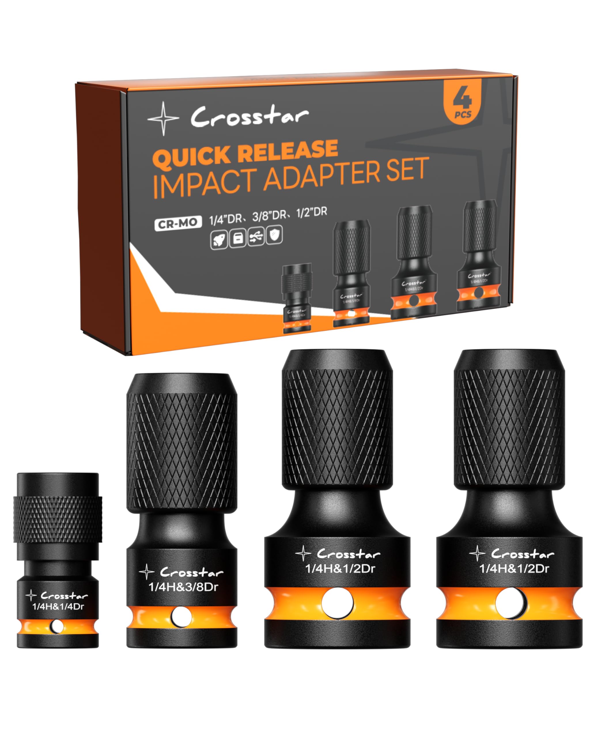 Crosstar 4Pc Impact Socket Adapter Set, 1/2",3/8",1/4" Square to Hex