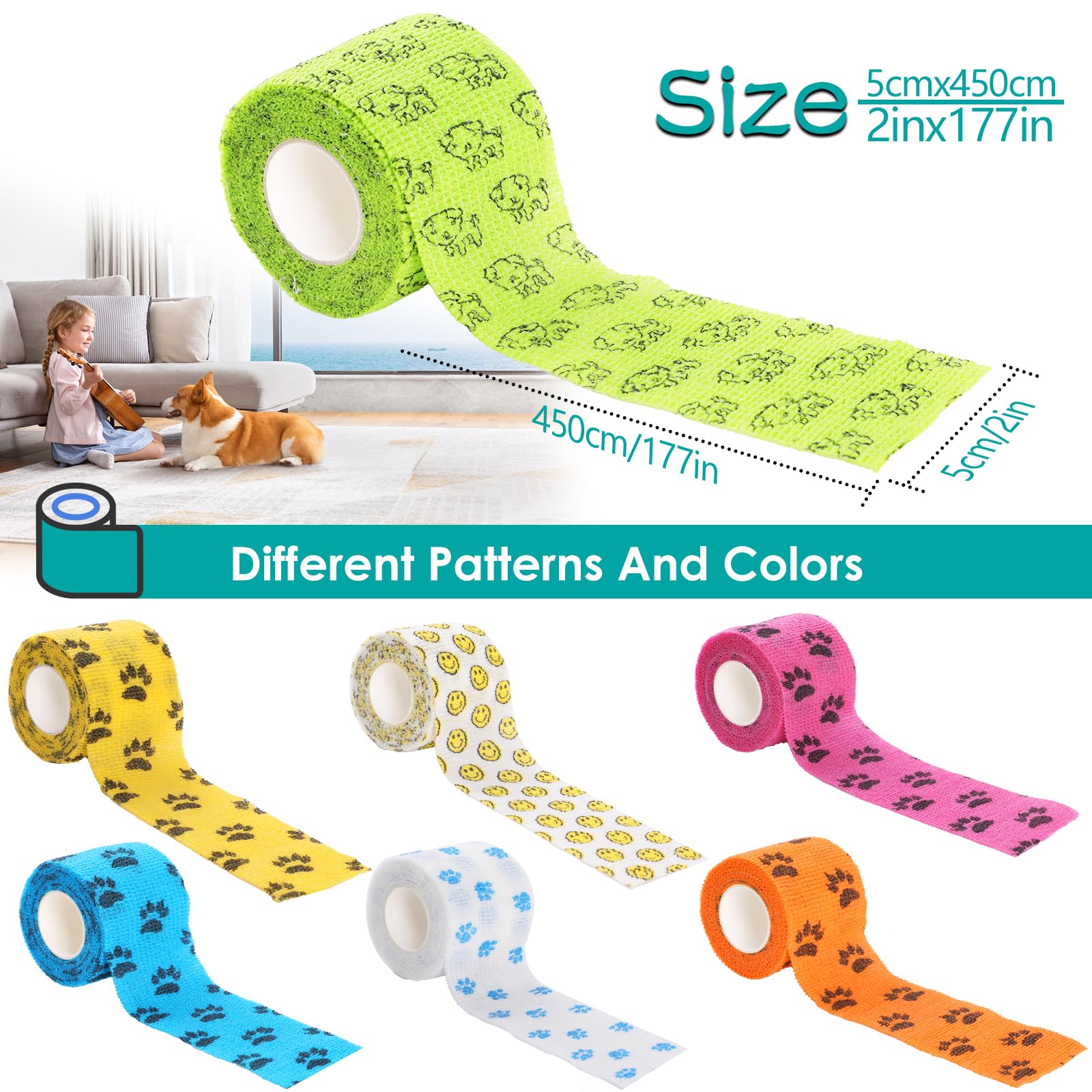 7pcs Benda Elastica Autoadesiva，GeeRic 5*4,5M Bendaggio Veterinario Traspirante Non Tessuto Non Colla Bende Nastro Elastico per Immobilizzare Mani, Ginocchia,Caviglia Animali Domestici/Atleta/Ferito