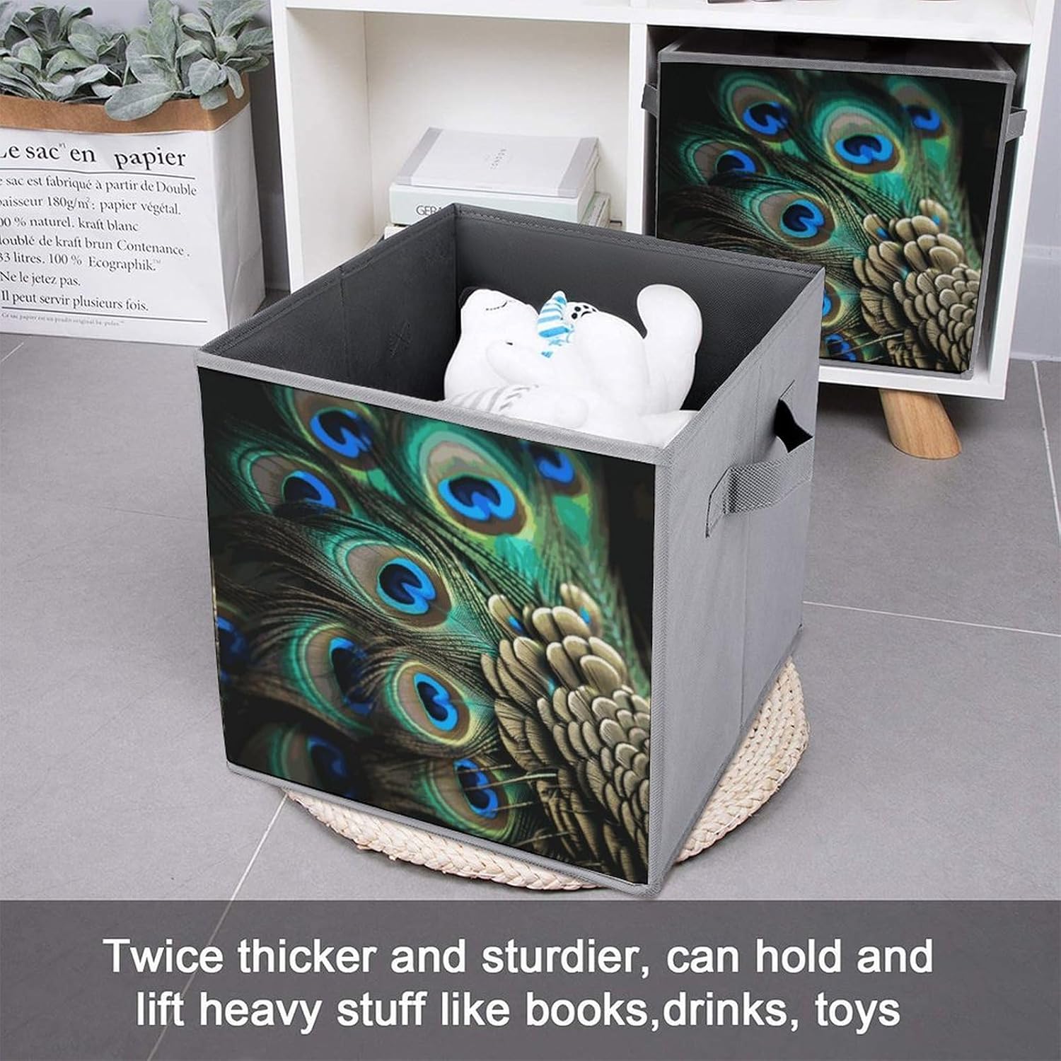 Peacock Feather Storage Cubes Set of 6 Storage Bins with Handles Collapsible Storage Basket Fabric Storage Box for Shelves Large Closet Shelf Organizer for Organization 11 Inch