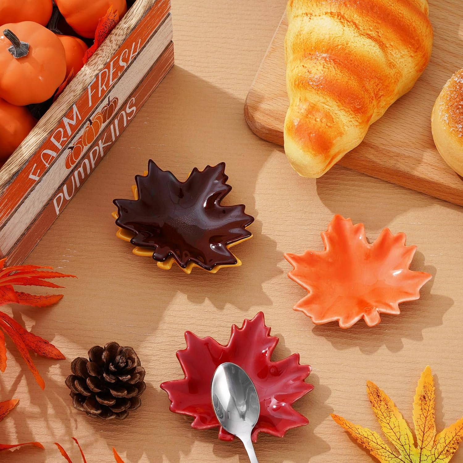 Whaline 4 Pcs Fall Mini Spoon Rest Maple Leaves Ceramic Spoon Holder Fall Color Leaves Sauce Dishes Autumn Thanksgiving Coffee Ring Dish for Stove Top Cooking Utensil Kitchen Office Decor