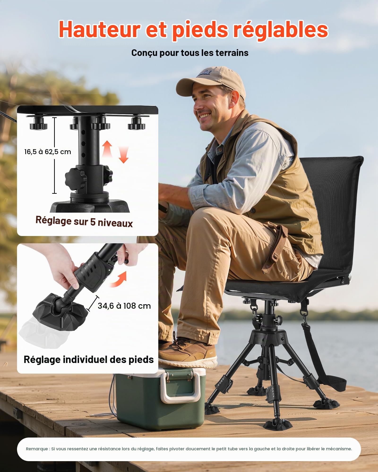 VEVOR Chaise de Chasse Silencieuse Pivotante à 360°, Siège de Chasse Pliable et Portable, Cadre en Acier Robuste, avec Housse, Pieds Anti-enfoncement, Hauteur Réglable, pour Pêche et Camping