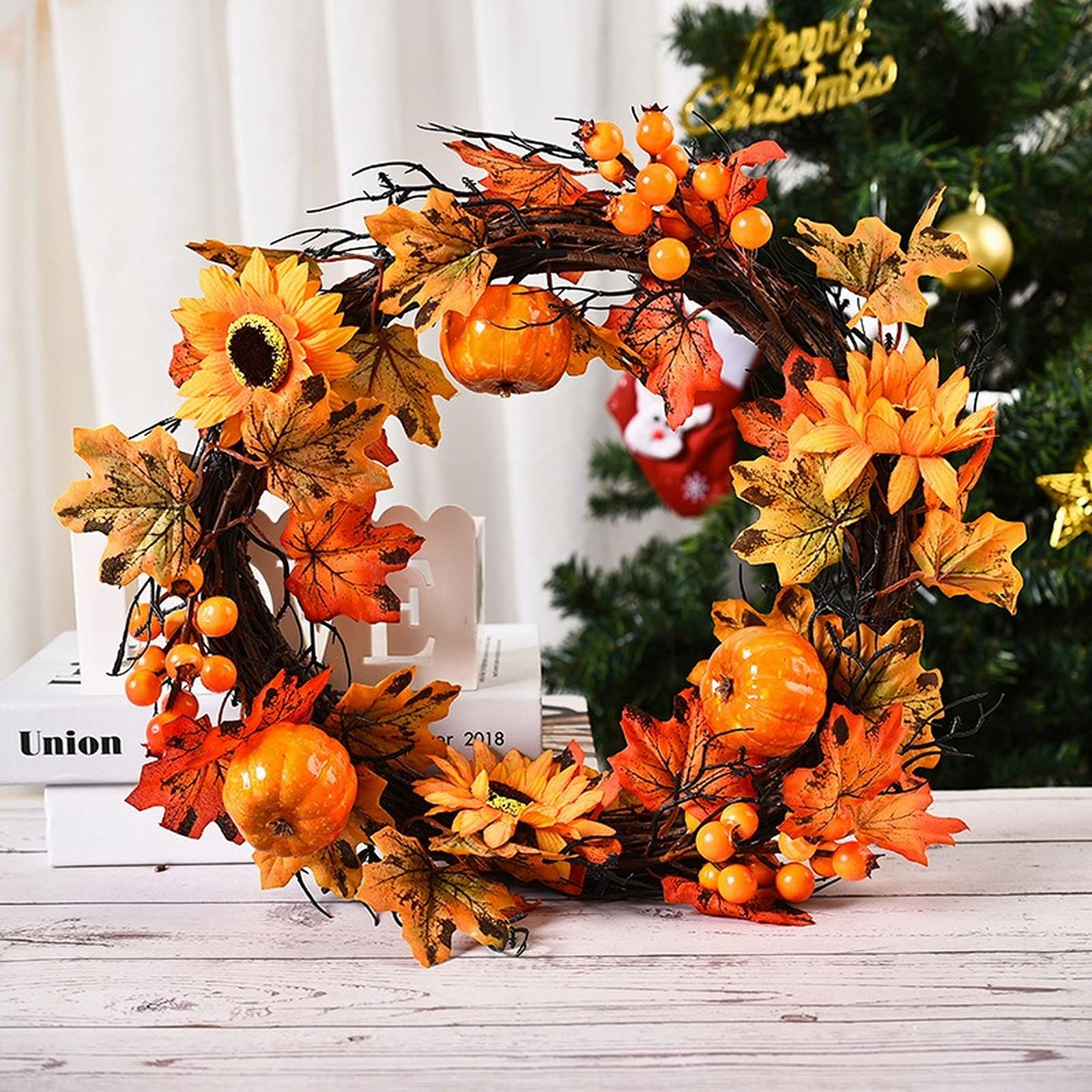 Couronne d'automne citrouille et tournesol de 40,6 cm avec pommes de pin pour déco