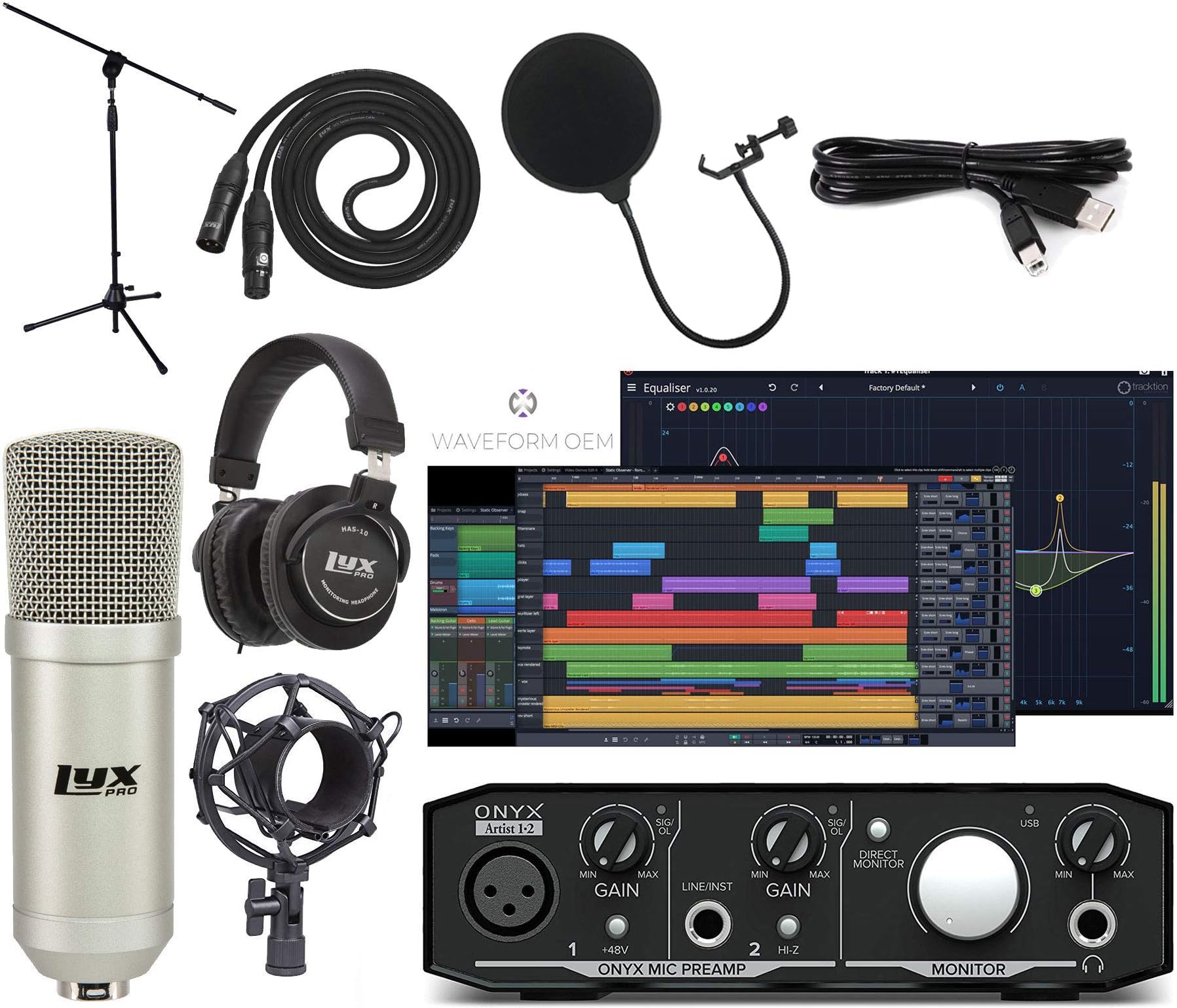 Mackie Onyx Artist 2-2 Audio/Midi interface With Pro Tools First/Tracktion Music Production Software Studio Bundle with Professional Recording Condenser Microphone