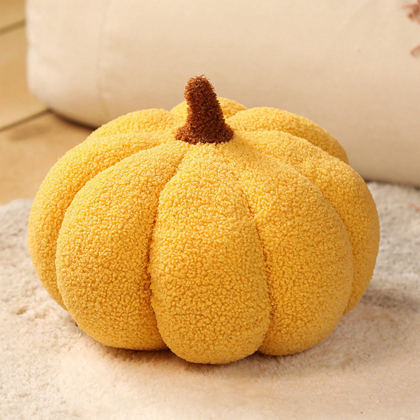 Coussin Déco Citrouille Peluche 3D Halloween - 23 Cm - Blanc - Décoration Canapé & Salon - Idée Cadeau Automne
