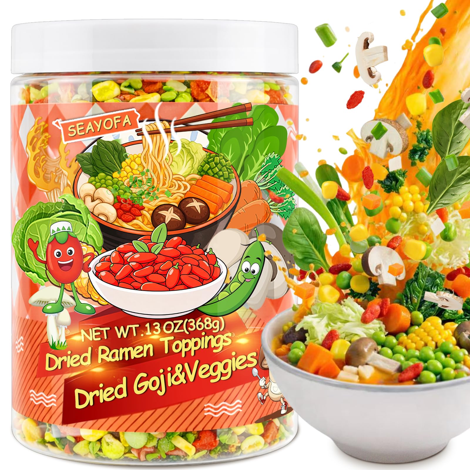 13oz Mixed Dehydrated Goji & Vegetables, 9 Kinds Dried Ramen Toppings with Carrots, Corn & Cabbage, Freeze-Dried Veggies for Soups, Salads, Pizza & Camping Meals