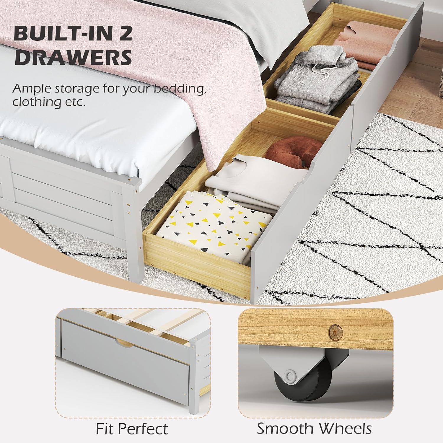 Wooden Twin Bed Frame with Storage Drawers, Mattress Foundation with Headboard, Wood Slat Support, No Box Spring Needed, Easy Assembly, Wood Platform Bed Frame (Gray, Twin)