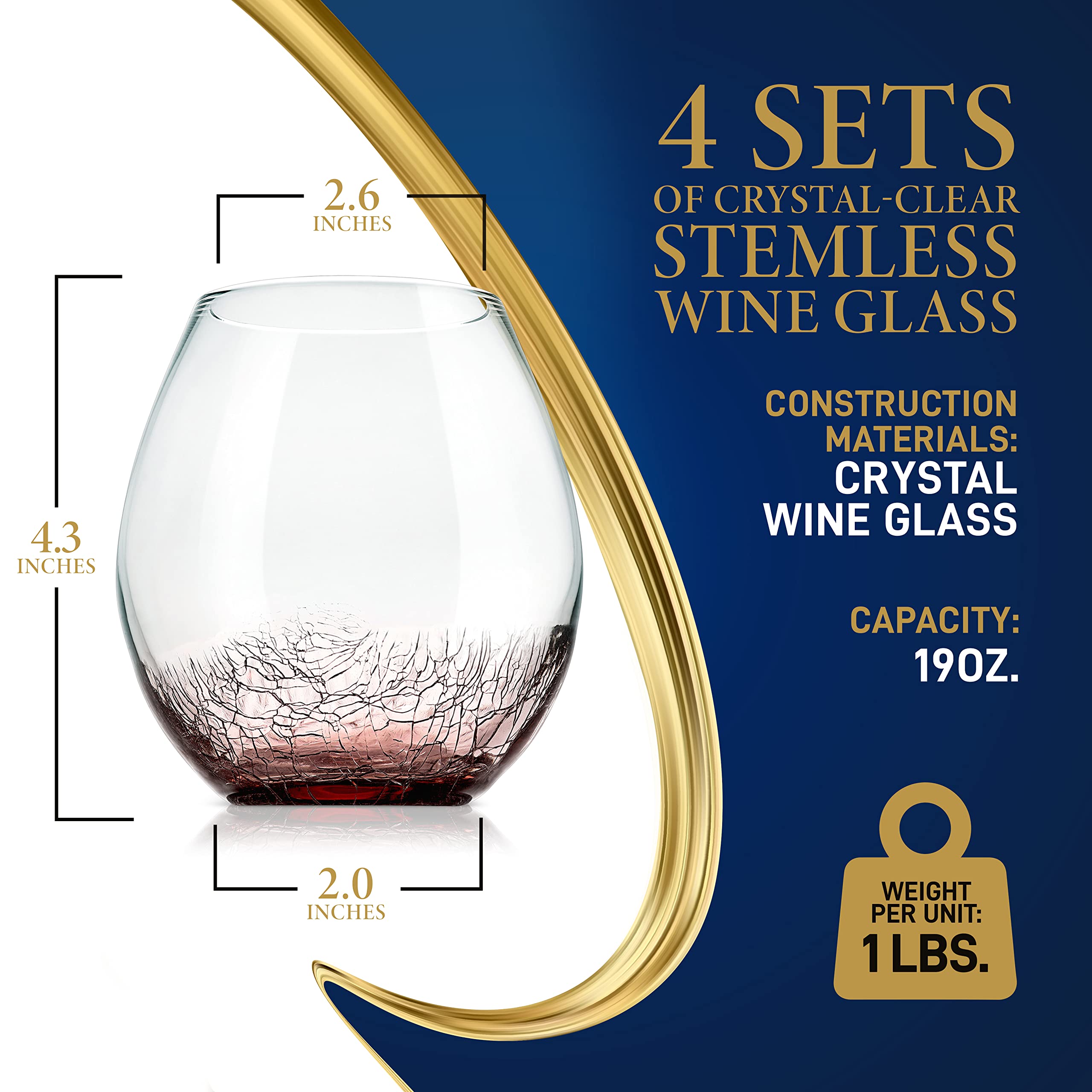 NutriChef Weingläser ohne Stiel, für Rot- oder Weißwein, 540 ml, 4 Stück, für Partys und Geschenke, klares, bleifreies und eisrissiges Design