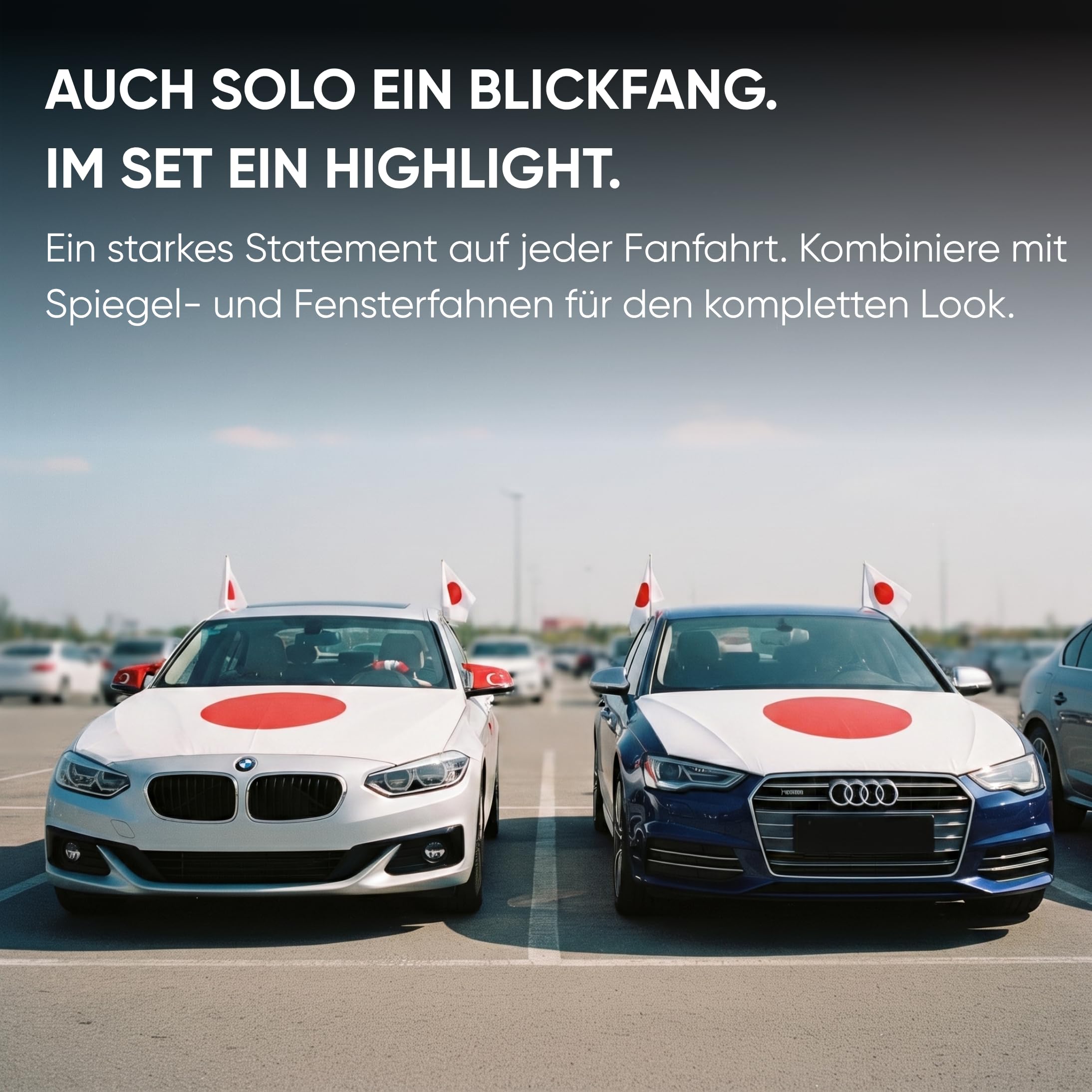 Auto Fahnen Japan Set - Motorhauben Fahne & 2 Autofahnen für Fenster, Fußball Fanartikel FZG für EM & WM, Japanische Flagge Deko Set