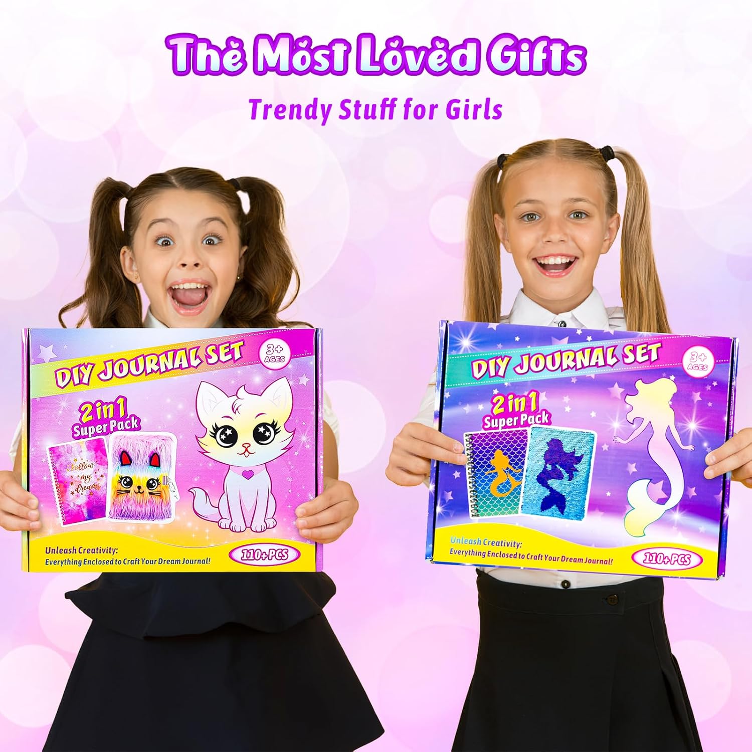 2-Pack DIY Journal Kit for Girls Ages 8-12 13 14 Year Olds, Birthday Gifts for Teen Girls, 110pcs Art Crafts Scrapbook Supplies for Tween Kids, Kawaii Diary Stationary Set with Mermaid Sequin Journal - Image 5