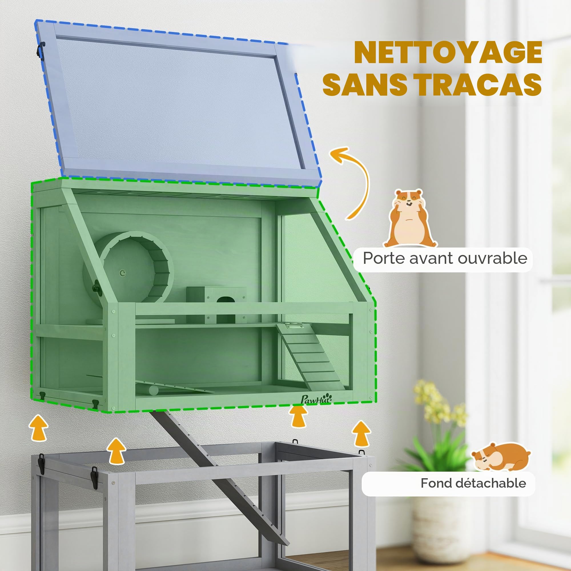 PawHut Cage à Hamster en Bois 3 étages Gris Clair | Cage pour gerbilles, fond amovible de 32cm de profondeur, maison, balançoire, roue d'exercice, rampes