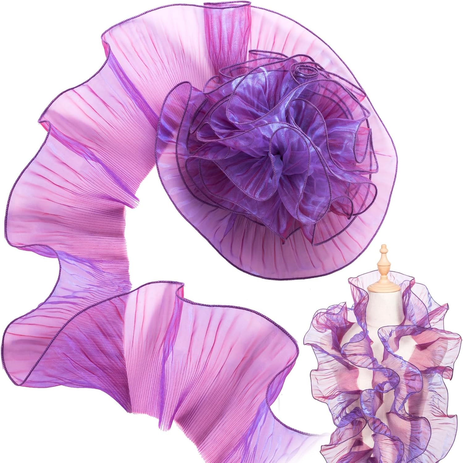 5 Yards Gradient Purple Ruffle Trim, Pleated Ruffle Fabric, Organza Ruffles Lace Fabric, Jellyfish Costume for Sewing, Dress, Costume, Bag, Cake Decor Trimming Craft (1 Pcs)