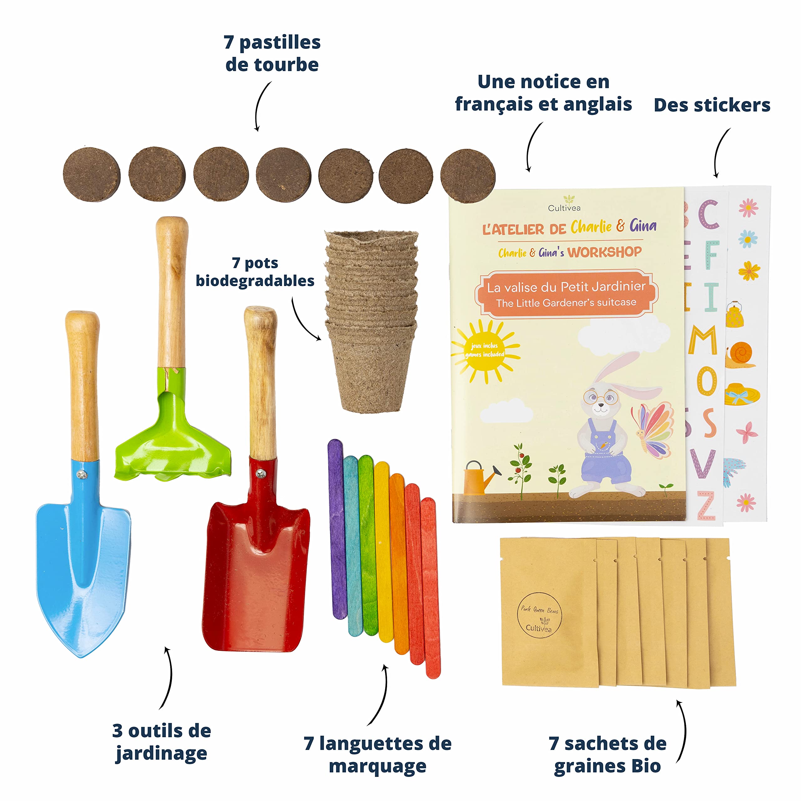Cultivea® Valisette Stickers- Kit prêt à Pousser- Pots à semis- Graines 100% Biologique- Activité ludique-Idée Cadeau Enfant (Tomate, Fraise, Basilic, Laitue Feuille de chêne, Haricot, Radis)