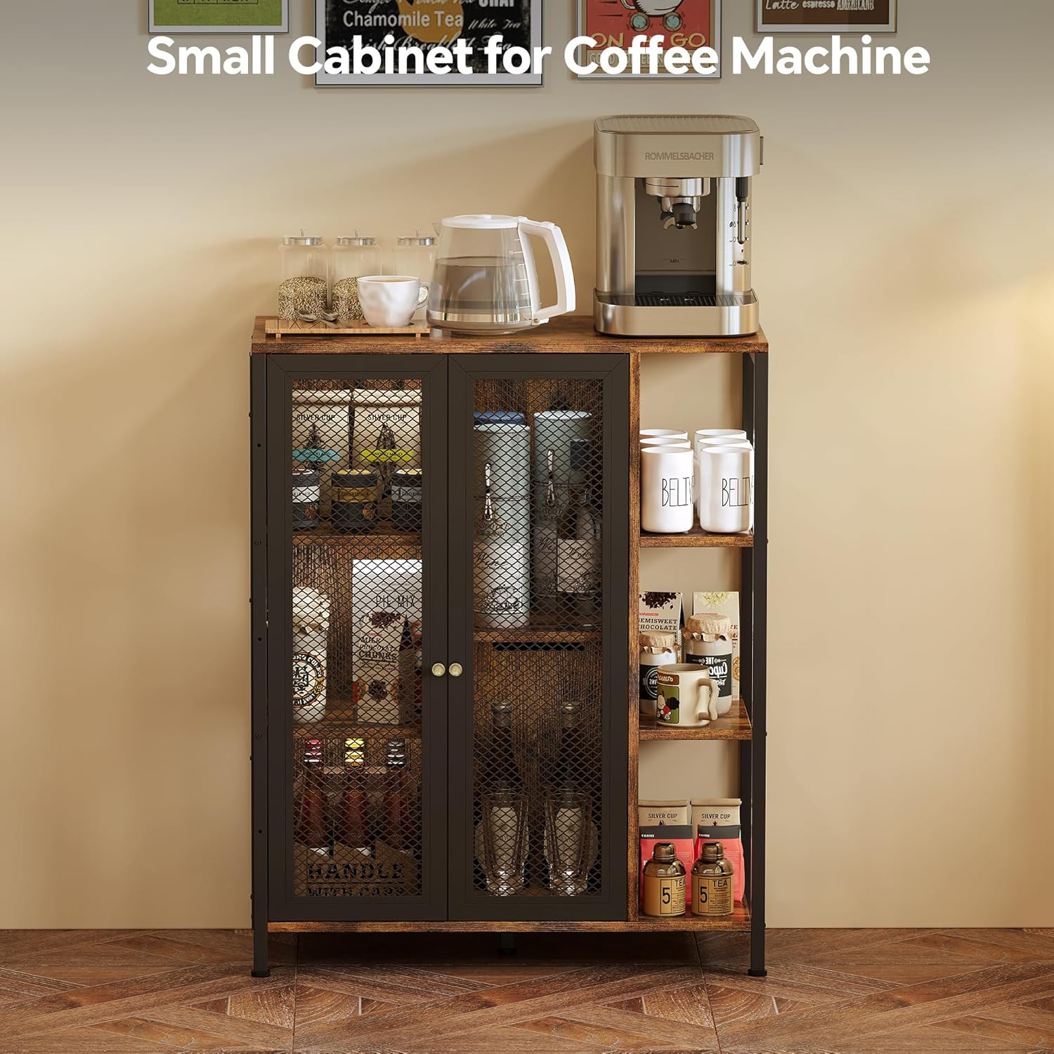 Coffee Bar Cabinet with Storage, Liquor Cabinet Bar with 2 Visible Doors, Small Coffee Station Cabinets, Farmhouse Industrial Buffet Sideboard Cabinets for Home Kitchen, Dining Room, Living Room