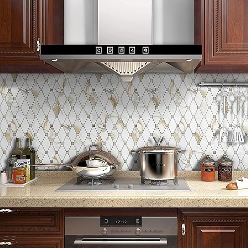 Miniatura 7 de STICKGOO Calacatta Golden Stick - 10 hojas para despegar y pegar, azulejos compuestos de aluminio, autoadhesivos de metal mixto para cocina, baño,