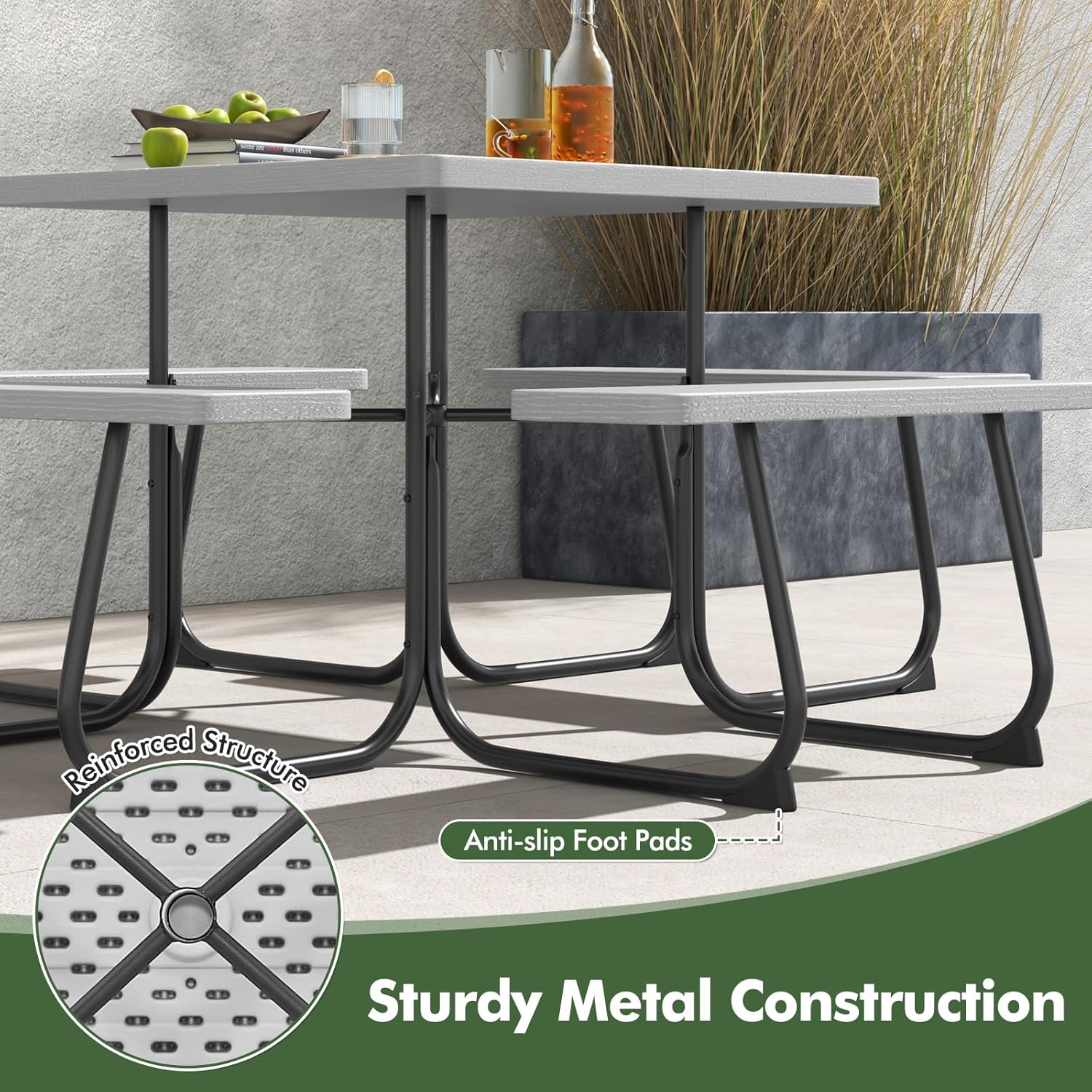 Буйны план view of the reinforced structure and anti-slip foot pads of the picnic table.