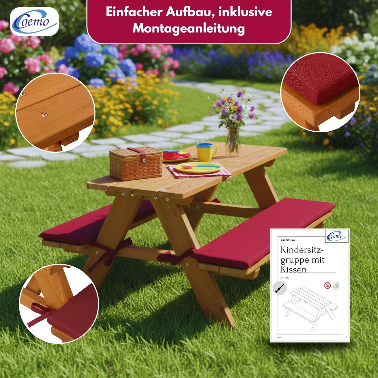 Coemo Robuste Kinder-Sitzgarnitur Outdoor mit 2 Polster Picknicktisch Kindersitzgruppe Kindertisch für Garten und Balkon Spieltisch Gartentisch Holz (Rotbraun, 89x79x50cm)