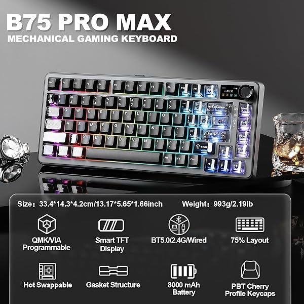 YUNZII B75 Pro MAX Teclado Mecánico Inalámbrico, Diseño 75% con Pantalla TFT y Control Giratorio, Hot Swap, QMK/Via, RGB, BT/USB-C/2,4G para Win/Mac (Negro, Cocoa Cream V2 Switch) - 2