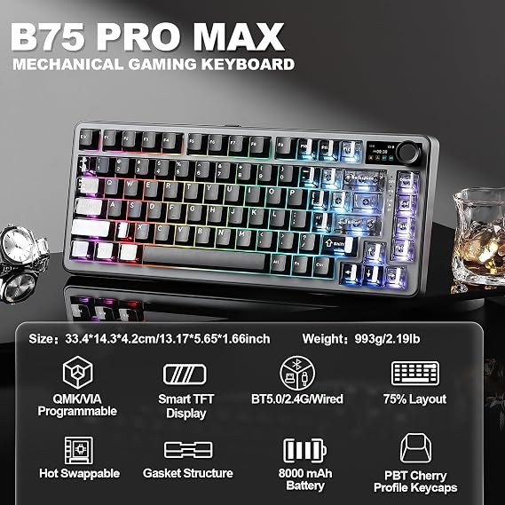 YUNZII B75 PRO MAX 75% Mechanical Keyboard (Black, Milk V2 Switch)