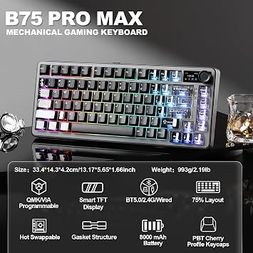 YUNZII B75 PRO MAX 75% Mechanical Keyboard (Black, Milk V2 Switch)