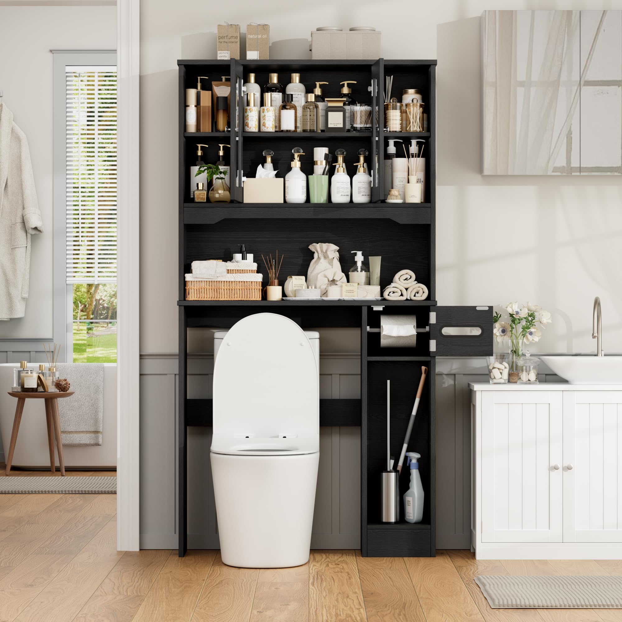 FOREHILL 173cm Mueble sobre Inodoro, Armario Baño, Gran Capacidad, Negro | Mueble Alto para Lavadora, Estanteria Baño, con Estante Ajustable, 2 Puertas, Soporte para Papel Higiénico, 89x20x173cm