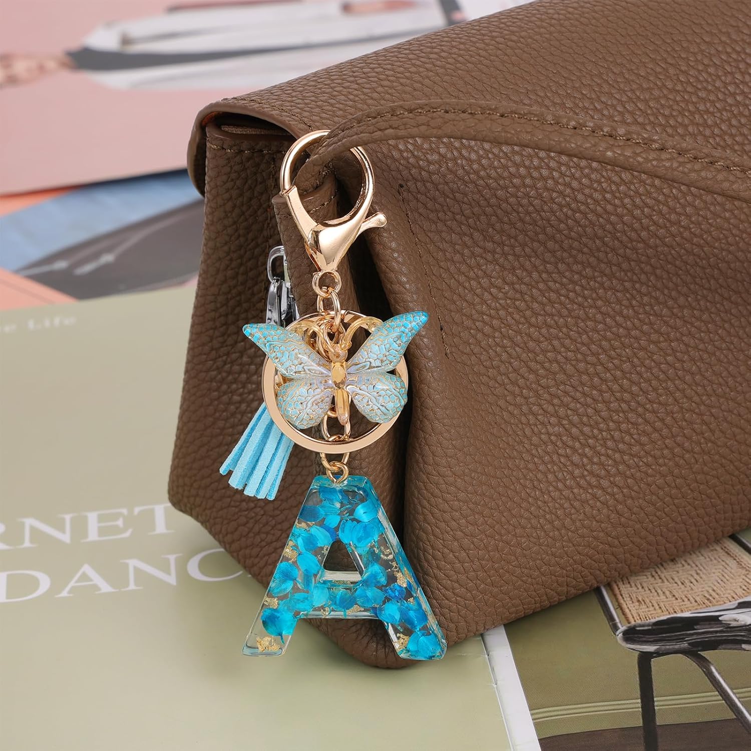 Letter Keyring with Butterfly Tassels, Cute Initial Flower Keychain Pendant, Name Alphabet Resin Car Keychain Personalised Handbag Charms Accessories Crafts Bag Decoration Gift for Women(A,Blue) - Image 3